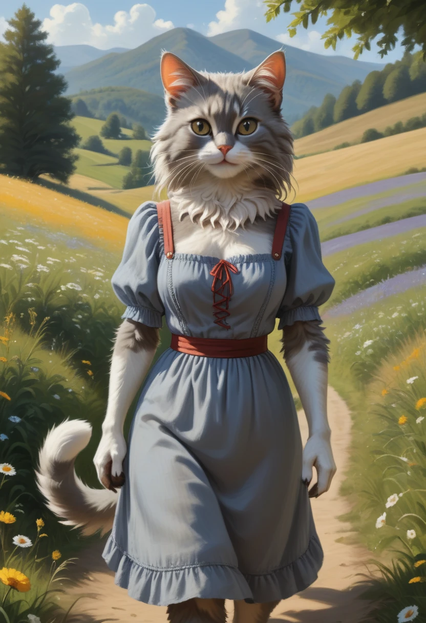 antro ,angora cat ((female, ((furry)), (( grey fur)), (peasant dress ), smiling walking in meadow, sunny day, masterpiece, hyper-detailed, 8k, ultra-realistic