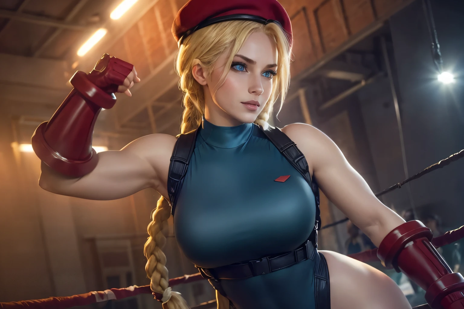 Cammy white da street fighter,(best quality, 4K,8k,high resolution,work of art:1.2)(weather: sunny), solo, single girl, 1girl. boxing stadium background, boxing ring, sexy stance, long braided hair, blonde hair, harness, leotard, garrison cap, gloves, thigh high stockings, boots, ultra detailed,realistic,beautiful detailed blue eyes, beautiful detailed lips,extremely detailed eye and face, long eyelashes,average,large breasts,flying hair,beaming smile, sexy smile, powerful girl, bright coloured, dramatic lighting,