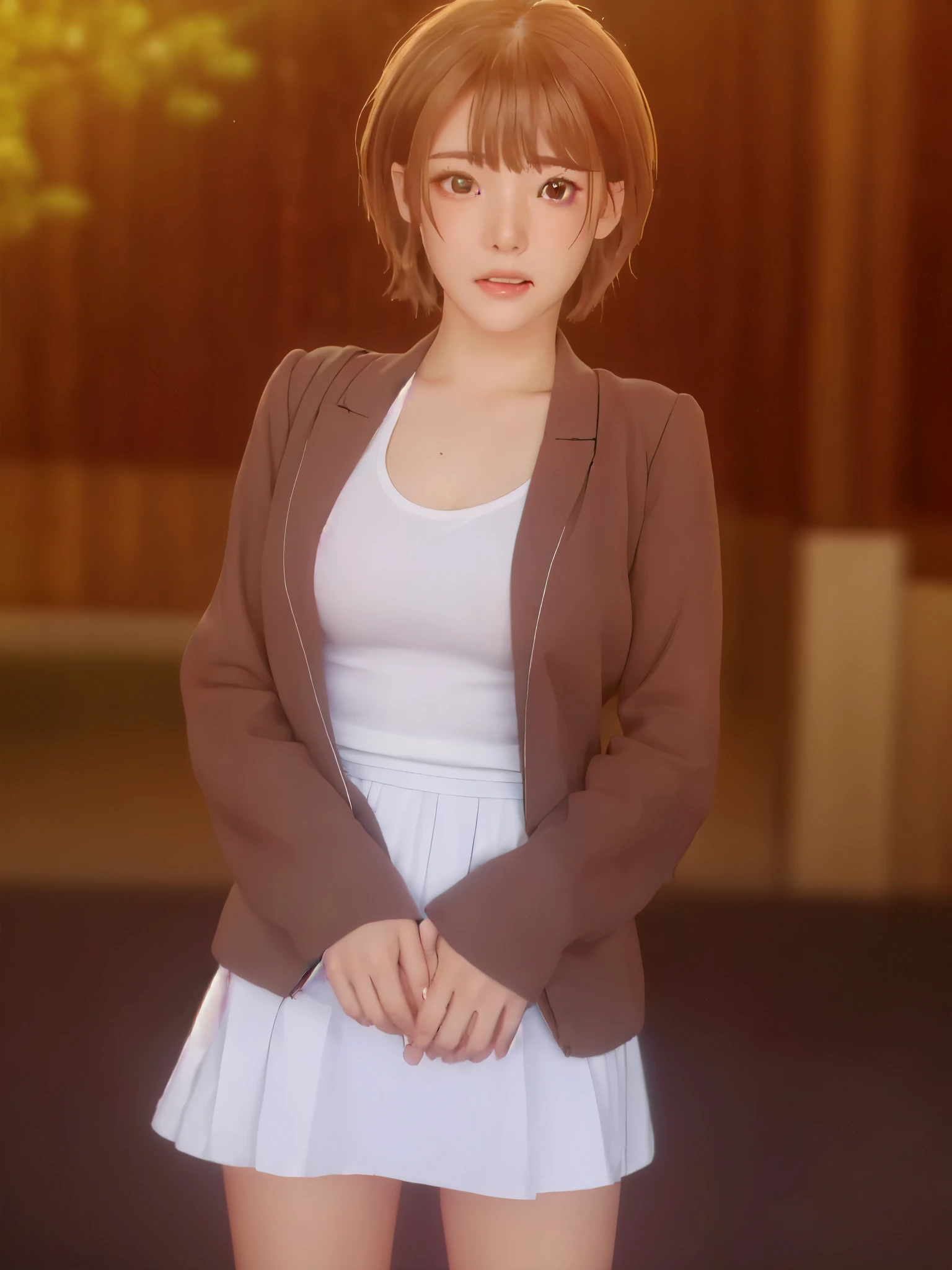 (((masterpiece、Highest quality、High resolution、High precision)、anime))、Brown Hair、Beautiful breasts、(Dynamic pose)、looking at the camera、(Beautiful detailed face、Beautiful big eyes)、((One beautiful woman))、((Embarrassed face))、Red cheeks、(((Blushing with a bitchy expression)))、Brown eyes、Short Hair、Small breasts、Solo portrayal、wear a waist-length brown blazer、Wear a short checked skirt、((A mole under the left lip))、Open clothes、See-through shirt、Open chest、(((High resolutionのフルヌード、High quality hairless pussy、High quality nipples、High resolutionなクリトリス)))、(((Blushing with a bitchy expression)))、(Beautiful nipples、Beautiful pussy)、((Stick out your crotch))、((Rubbing the groin、Wet crotch、Sweating profusely、Open your mouth、Drooling))、((Love juice drips from her open crotch))、((White underwear))