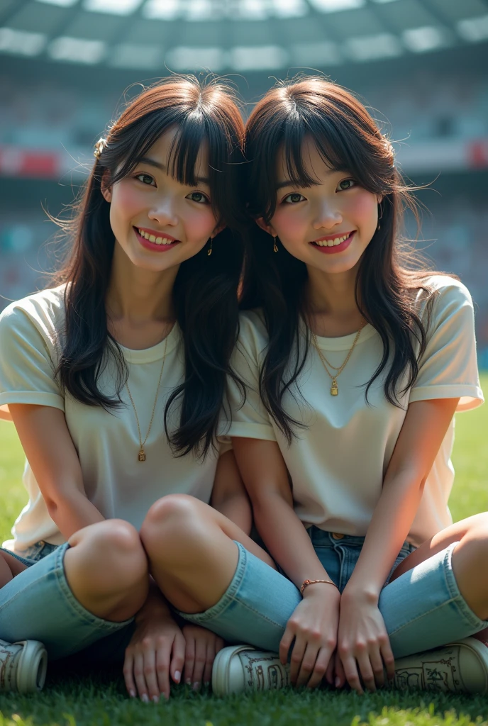 Highest quality, masterpiece, Ultra-high resolution, (Realistic:1.4), 20-year-old,((2 girls)),((They are cheek to cheek.)),super high quality,8K,thinウエスト,thin脚,thin and beautiful arms,Beautiful fingers,((Super Realistic image quality)),sale eye makeup,thin,Medium Chest,Soft Breasts,(((生地thin短いタイトなTShirt and jeans only))),The shirt is short、 ,,Beautiful breasts,((Straight hair to shoulders)),((Bangs short)),Realistic,Image Media Chest)),((Smiling with teeth showing)),((Big smile))