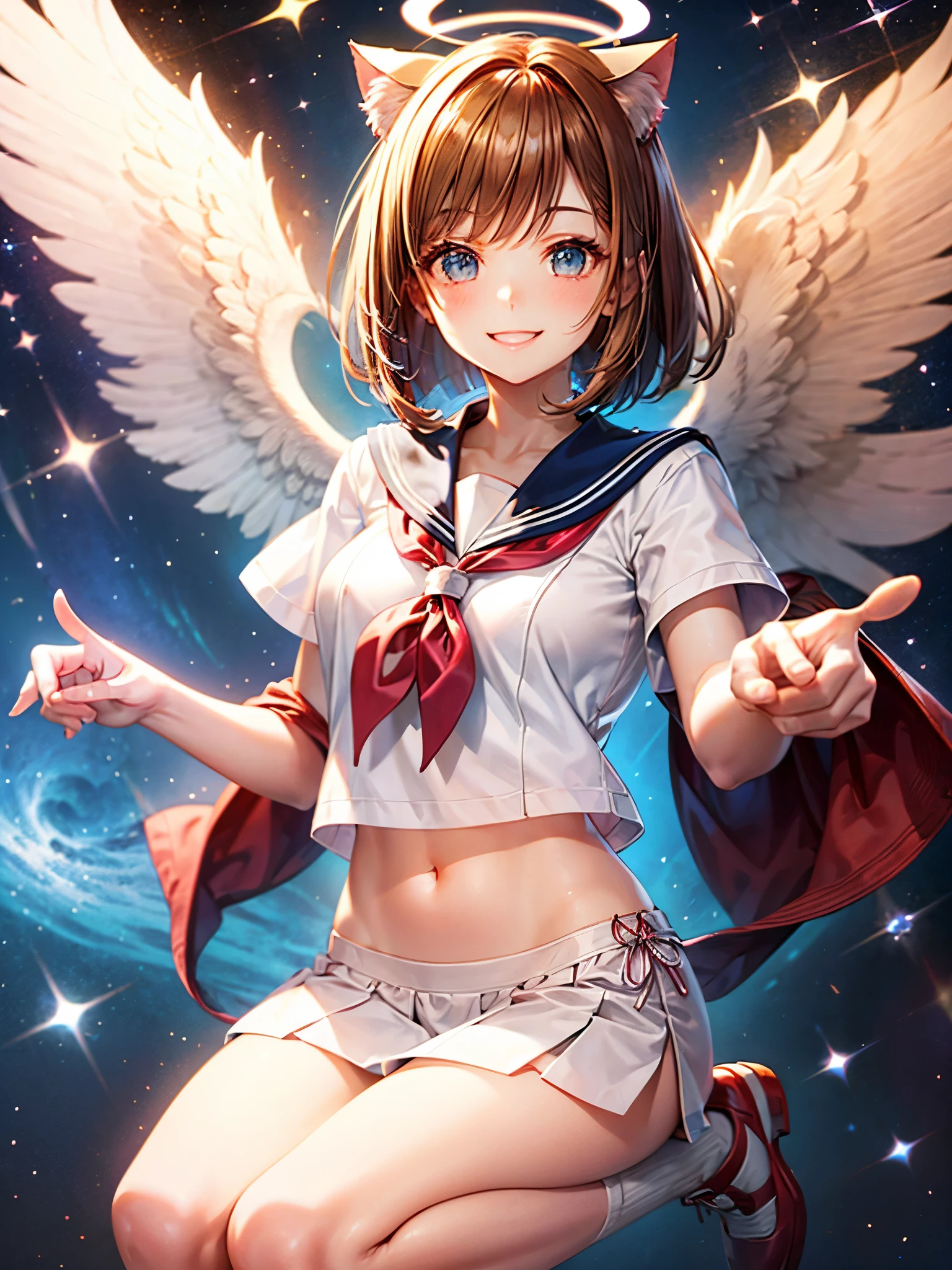 A beautiful smiling girl in a sailor suit,Halo,Cat ear,Brown hair short bob,front,Very beautiful eyes,universe,Milky Way,(((Pointing with one hand))),White angel wings on your back,