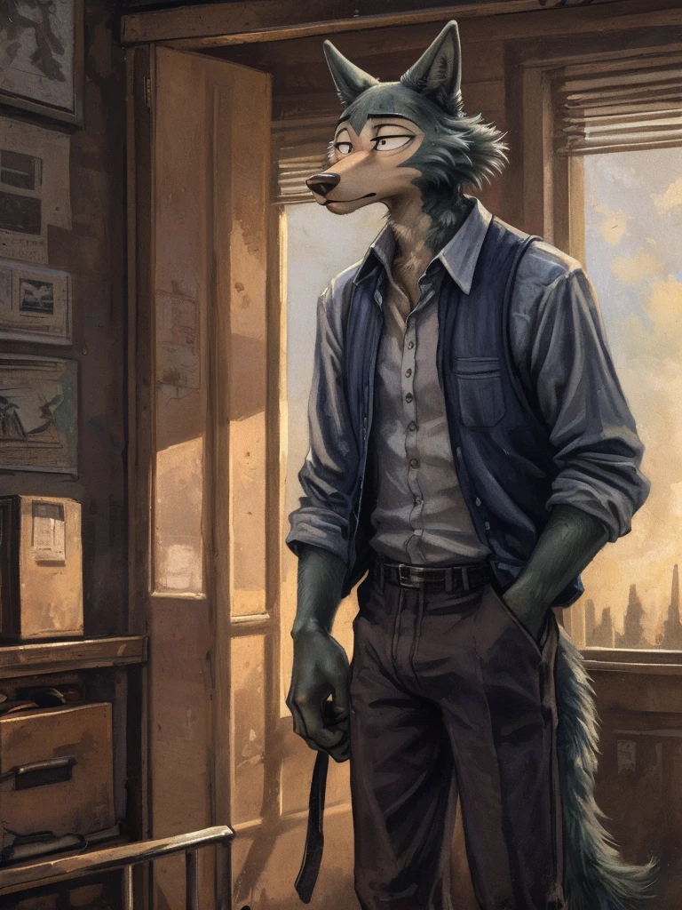 legoshi (beastars), (solo), male, anthro, (by Blotch, by kenket), (tail:1.2), standing, sweat pants, (perfect hands), depressed expression, (depressing apartment background, gloomy, sad atmosphere), realistic shading, somber lighting, blue lighting, (epic, masterpiece, high quality, 8k, ultra HD, absurd res, top quality, best quality, max quality, masterpiece),