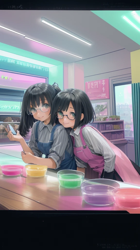 Two young girls, one on the left with long black hair and glasses, the other with short hair, are happily taking selfies in a bright and modern interior, which may be a shop or cafe. They are smiling broadly, with stickers or signs on their faces. The atmosphere in the scene is lively and fun, with pastel-colored lighting and detailed background elements such as ceiling lights, shelves, and electronic displays. Their clothes are casual, and the overall atmosphere is cheerful and friendly.