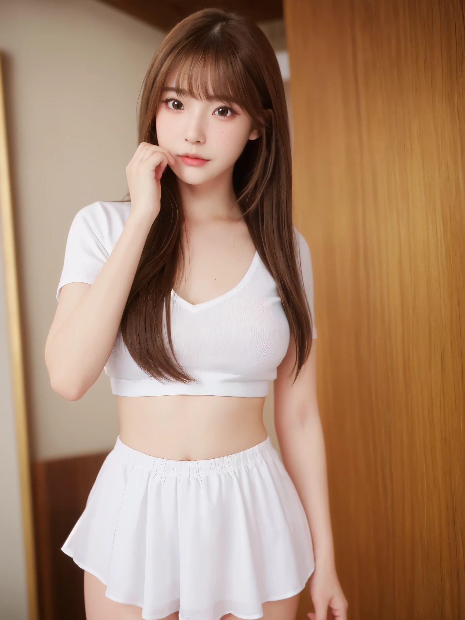 (((masterpiece、Highest quality、High resolution、High precision)、anime))、Brown Hair、Beautiful breasts、(Dynamic pose)、looking at the camera、(Beautiful detailed face、Beautiful big eyes)、((One beautiful woman))、((Embarrassed face))、Red cheeks、(((Blushing with a bitchy expression)))、Brown eyes、Short Hair、Small breasts、Solo portrayal、wear a waist-length brown blazer、Wear a short checked skirt、((A mole under the left lip))、Open clothes、See-through shirt、Open chest、((White underwear))