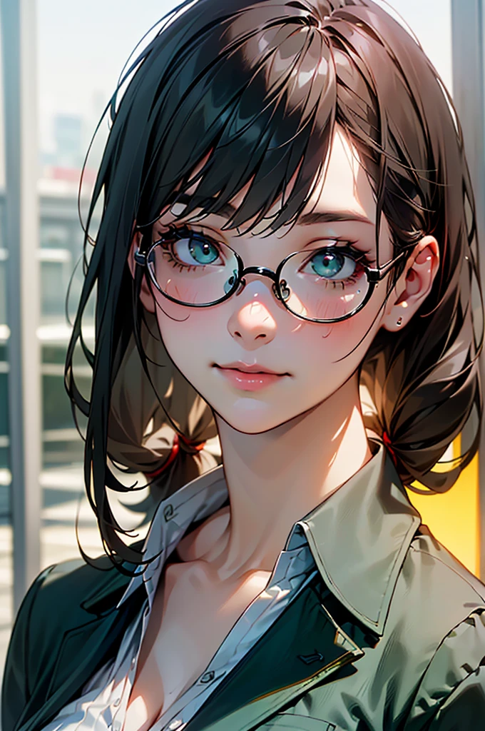 (Browsing Caution:1.2), (8k, RAW Photos, Best image quality, masterpiece: 1.4), (Highly detailed CG Unity 8k wallpaper, highest quality, High resolution: 1.2), (Ultra_Familiar, 超High resolution: 1.2), super highly Familiar, (Realistic, Realistic: 1.48), 1 girl, Focus Only, Side Lock, bangs, ((Dark green eyes:1.4, Round eyes, Beautiful eyelashes)), Clear Eyes,Big Breasts,Shiny Hair, beautiful Familiar cold face,Captivating smile, Beautiful and delicate eyes with exquisite detail,Extremely accurate details,Skin dents,Outdoor,Perfect Face,Perfect body, Beautiful Eyes, Beautiful Face,(Portraiture:1.5),Beautiful clavicle,Upward glance,Very cute woman, ((The action of combing hair:1.3))、Black Hair、Long Hair、OL、Office Wear、Business Casual、shirt、skirt、pants suit、blazer、all、accessories、Glasses、Hairstyle、make、Professional、confidence、Grace、efficiency、liability、Loyalty to the organization