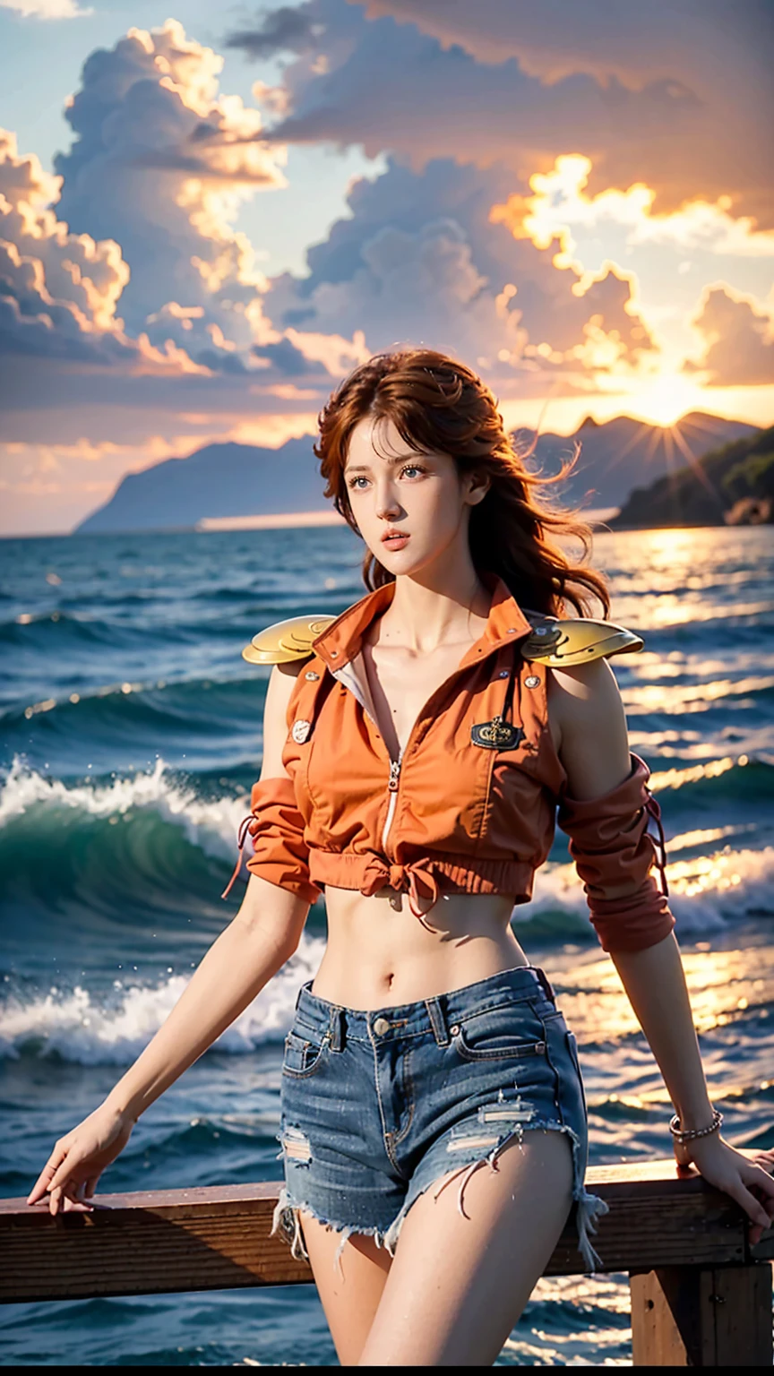 A vibrant and adventurous female character, inspired by Nami from One Piece. She stands confidently on the deck of a pirate ship, wearing a stylish orange crop top paired with a sleek, blue mini skirt, fitting her dynamic and daring personality. Her long, wavy orange hair flows in the wind as she gazes out at the vast ocean, holding a compass in one hand. Her athletic build and mischievous expression give her a strong sense of independence and cunning. The background features the open sea with towering waves and a dramatic sky full of clouds. The overall aesthetic is a mix of adventure and elegance, highlighting her love for exploration and her expertise as a navigator, with bright and bold colors accentuating her design