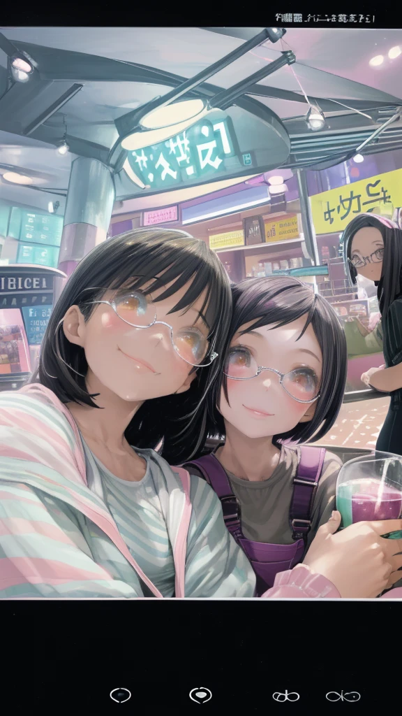 Two young girls, one on the left with long black hair and glasses, the other with short hair, are happily taking selfies in a bright and modern interior, which may be a shop or cafe. They are smiling broadly, with stickers or signs on their faces. The atmosphere in the scene is lively and fun, with pastel-colored lighting and detailed background elements such as ceiling lights, shelves, and electronic displays. Their clothes are casual, and the overall atmosphere is cheerful and friendly.