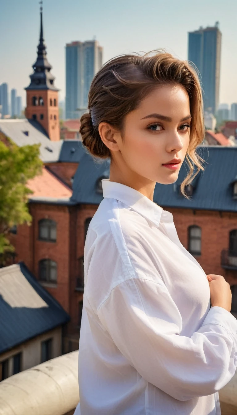 (masterpiece, best quality:1.2), 1girl, solo, anatomy perpect, wearing white oversize shirt, updo haor style, Background blur image of building roof