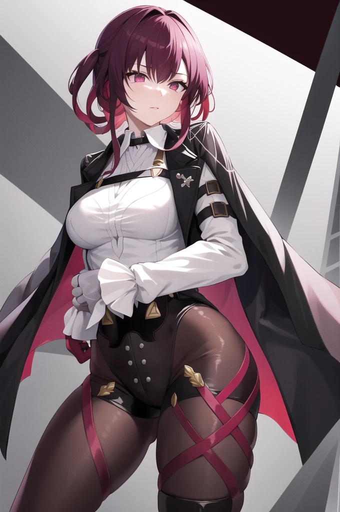 masterpiece, Highest quality, High resolution, Aqaaf, sunglasses, 頭にsunglassesを乗せる, Harness, Black jacket, White shirt, Collared shirt, Long sleeve, White sleeves, Purple gloves, Black shorts, Thigh straps, pantyhose, Are standing, Cowboy Shot, Arms at your sides, Tarot card style,Red Blade Sword,Handgun,M9