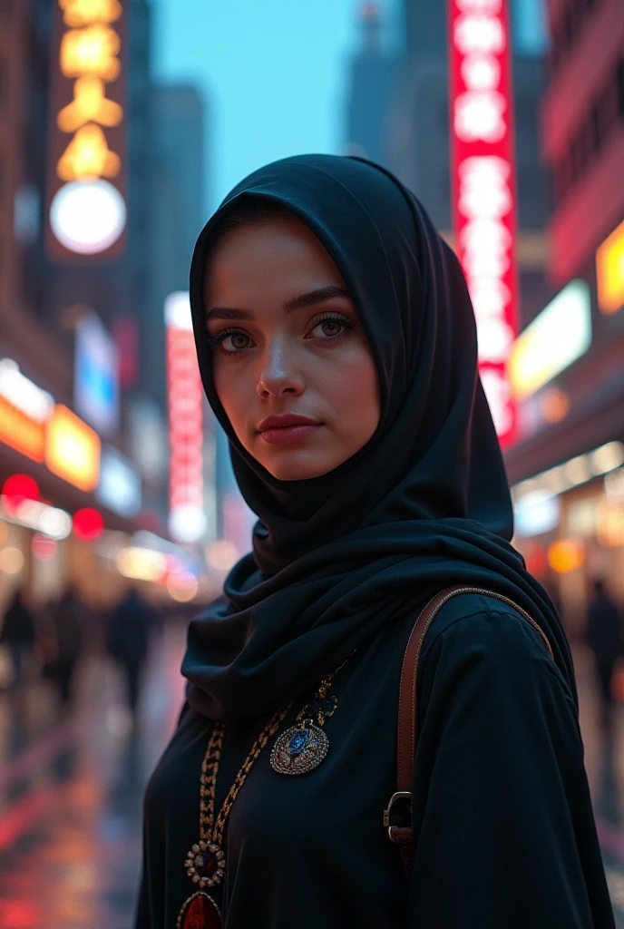 3D Character Design, pixar, real cartoon, 8k, highly detailed, full length frame, High detail RAW color art, diffused soft lighting, shallow depth of field, sharp focus, hyperrealism, cinematic lighting, ((close up)) hijab, a woman, beautifully makeup, brown beautiful big eyes, long eye lashes, wearing proper (Dark blue satin hijab), loosely tide hijab style, ((gray satin kaftan dress))