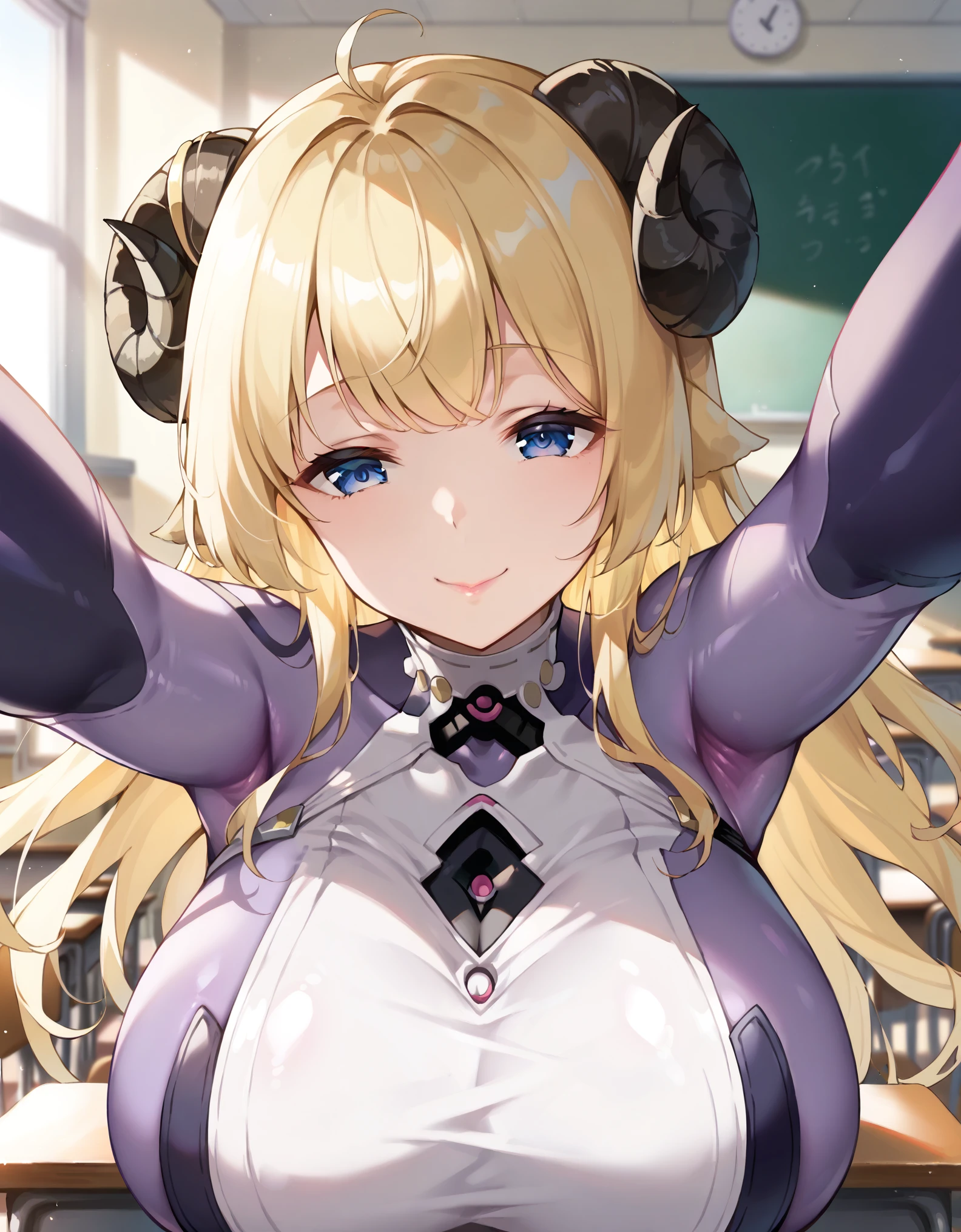 masterpiece, score_9, score_8_up, score_7_up, source_anime, best quality, extremely detailed, 1girl, milf, solo, TsunomakiWatame, (huge breasts), ((((blonde hair), long hair, bangs, curled horns, animal ears, blue eyes, half-closed eyes))), purple lips, (((purple plugsuit, black gloves))), ((light smile), closed mouth), ((motherly, beckoning, outstretched arms, classroom))