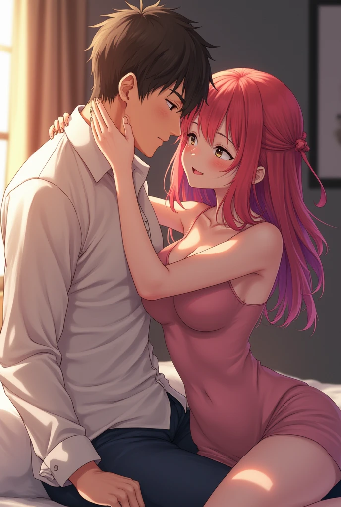 girl with pink hair and red nails kissing with a boy with blue hair