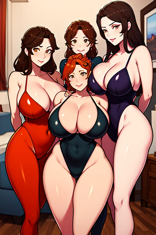 (超High resolution,4K,Very detailed, photograph, 8k, High resolution, High resolution, Absurd:1.2),3 Mature women,expensive,Beautiful character design,Beautifully detailed eye depiction,Perfect Face,Expressive eyes,Orange eyes,Excited face,High leg leotard,hot pants,(Huge breasts:1.2),Tight waist,In the living room,Daytime,Bold Valley,High leg leotard立っている,Belly button,Belly button,