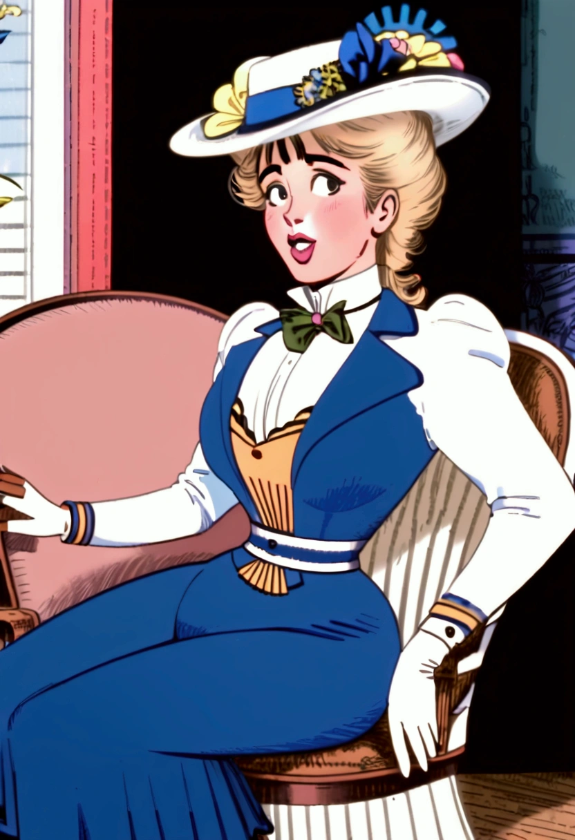 Betty Cooper as a stunningly beautiful **** blonde Gibson Girl of the 1890s wearing a blue 1890_dr3ss, picture hat, parasol, gloves, perky pushed up breasts, high-collar long sleeve shirtwaist, skirt, 9in wasp waist, boots. (((Sitting on a chair, performing fellatio on a fat horny 69yo man standing beside her, wearing a white suit, open trousers))) (((NSFW))). (((1girl, 1man:1.5))). Year 1899. Summer's day, outdoors 