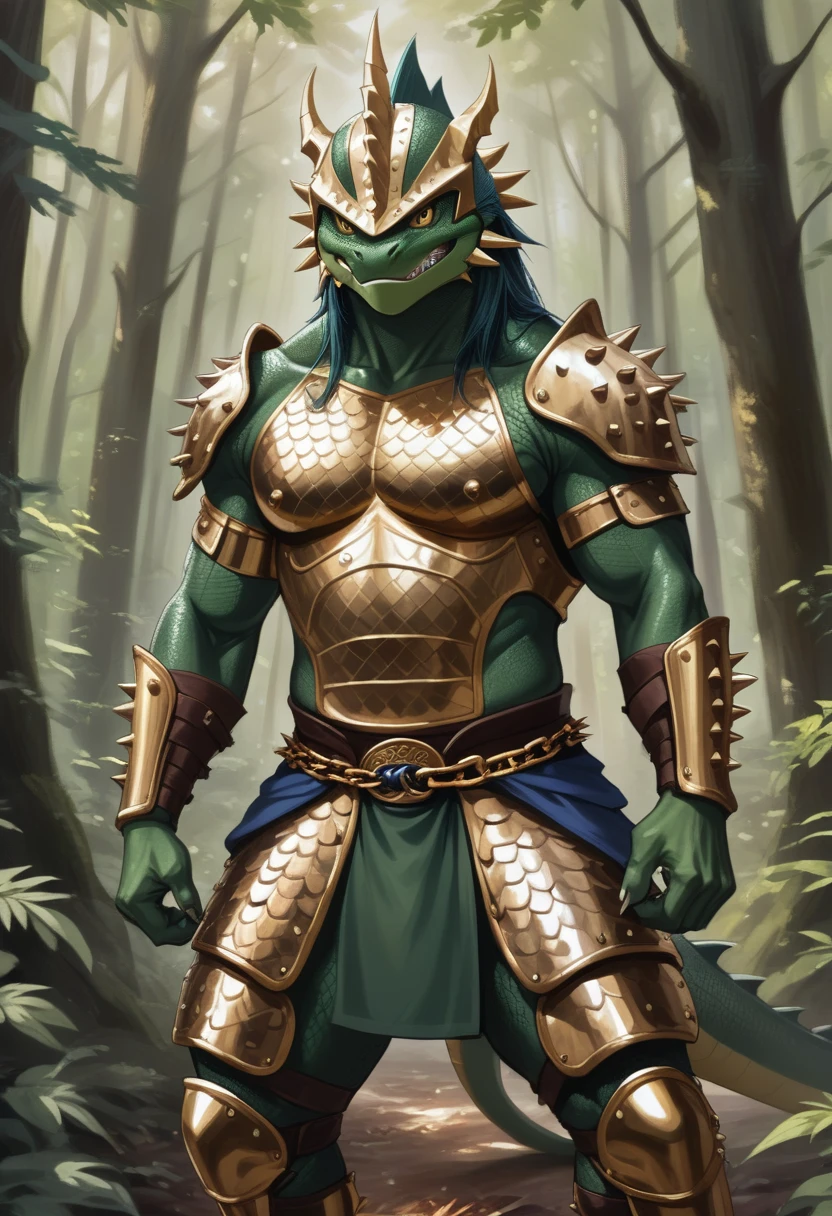 antro green lizard  male ,((muscular body)) ((furry))), ((golden,chain mail)),((leg armor)) ((spiked helmet)),(((battoujutsu Stance))) in a forest, masterpiece, 8k, hyper-detailed,realistic,