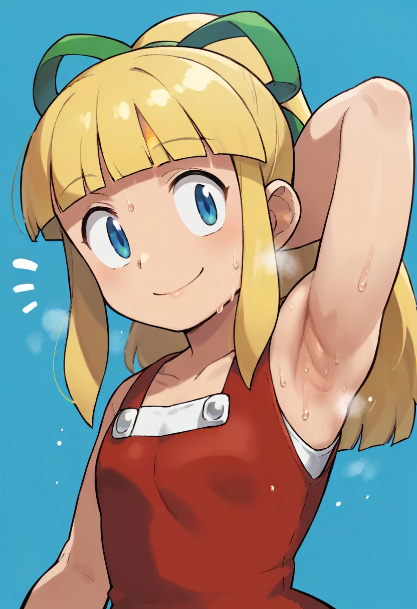 score_9, score_8_up, score_7_up, source_anime, solo, ishikawa hideki style, Roll (Mega man), long hair, bangs, blue eyes, blonde hair, dress, ribbon, hair ribbon, ponytail, sidelocks, collarbone, sleeveless, blunt bangs, sleeveless dress, red dress, green ribbon, medium chest, sweat, steam, standing up smile, blue background,confused,(show off armpits,upper body:1.4),(show off armpits,upper body:1.4),arm up, raised arm, armpit,