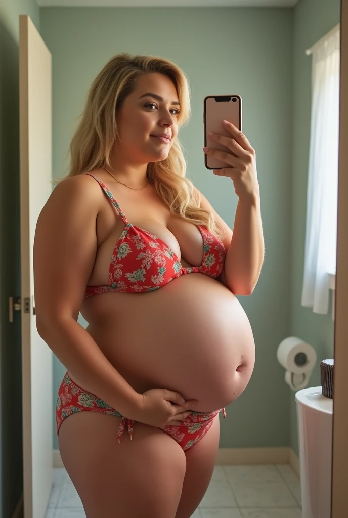 Beautiful curvy milf woman with brunette blonde dyed hair and quince belly, wearing a white padded bra, is holding her belly and taking a selfie with the phone in the mirror