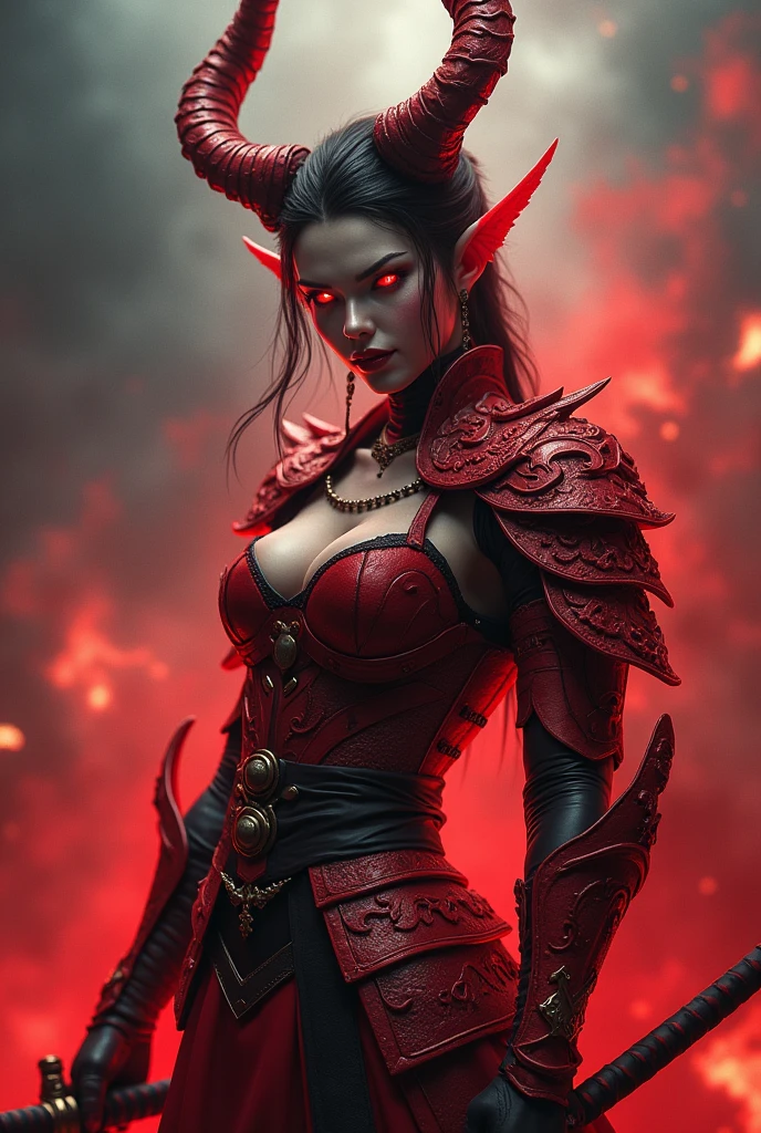 Beautiful mature female demon, horns, tail, cruel smile, red skin, sexy fetish armor, wreathed in fire, (fiery eyes:1.2), temptation, taking your soul, hellscape background, tortured souls, hordes of hell in the distance, (masterpiece), (photorealistic:1.4), RAW photo, best quality, high res, rich colors, backlight, bright sunlight, cinematic lighting, film grain, raw photo, 50mm lens, Nikon D850, warm colors