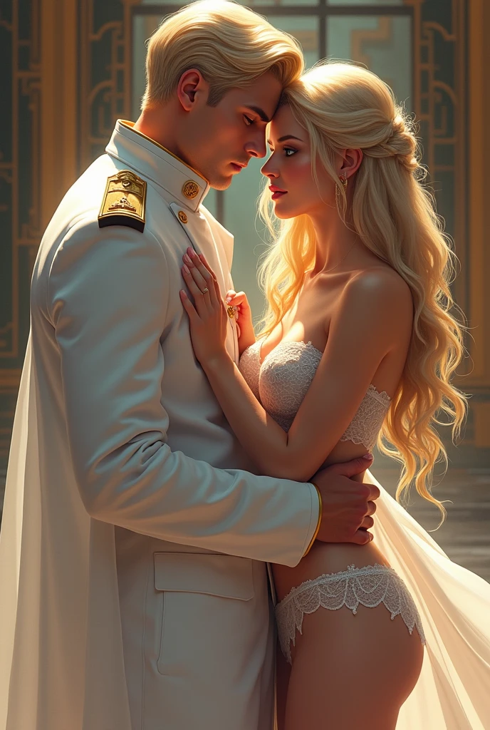 a fantastic, incredibly beautiful femme fatale-blonde with long golden hair, blue eyes, Goddess, day, temple, girl, sweet face, opaque lace underwear with diamonds on the fabric, open shoulders, gorgeous. A tall, handsome, statuesque, courageous adult man - platinum blond with blue eyes, he is dressed in a ceremonial long white general's uniform - takes off her beautiful thin shek robe with lace. They're in love. She's Confused. hd. Masterpiece, perfect drawing, realistic drawing, full-length drawing, 8k. full-length image, realistic images, detailed image. an extremely detailed illustration, a real masterpiece of the highest quality, with careful drawing. Masterpiece, perfect rendering, realistic drawing, full-length drawing, 8k. full-length image, realistic images, detailed image. an extremely detailed illustration, a real masterpiece of the highest quality, with careful drawing. They are in love with each other. A beautiful drawing, a real masterpiece.