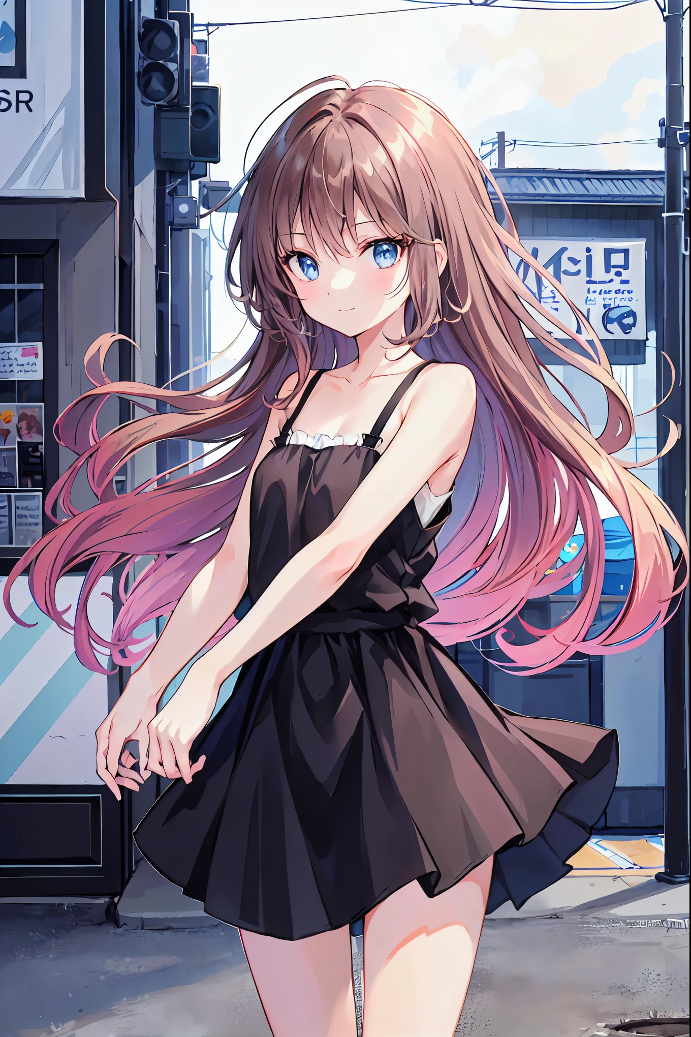 Brown Hair，Shortcuts，Messy Hair，Slender beauty，Hall々A positive attitude，Small box，Beautiful legs，Her enchanting grey-blue eyes shine like stars，（Cute older sister:1.3）、Long eyelashes、smile,early summer vibes、noon、Aggressive、hot、((Strong winds))、Black camisole，Black Skirt、Her captivating grey-blue eyes shine like stars、Light blue Y-shirt、Cafe，Anime girl standing in front of a store