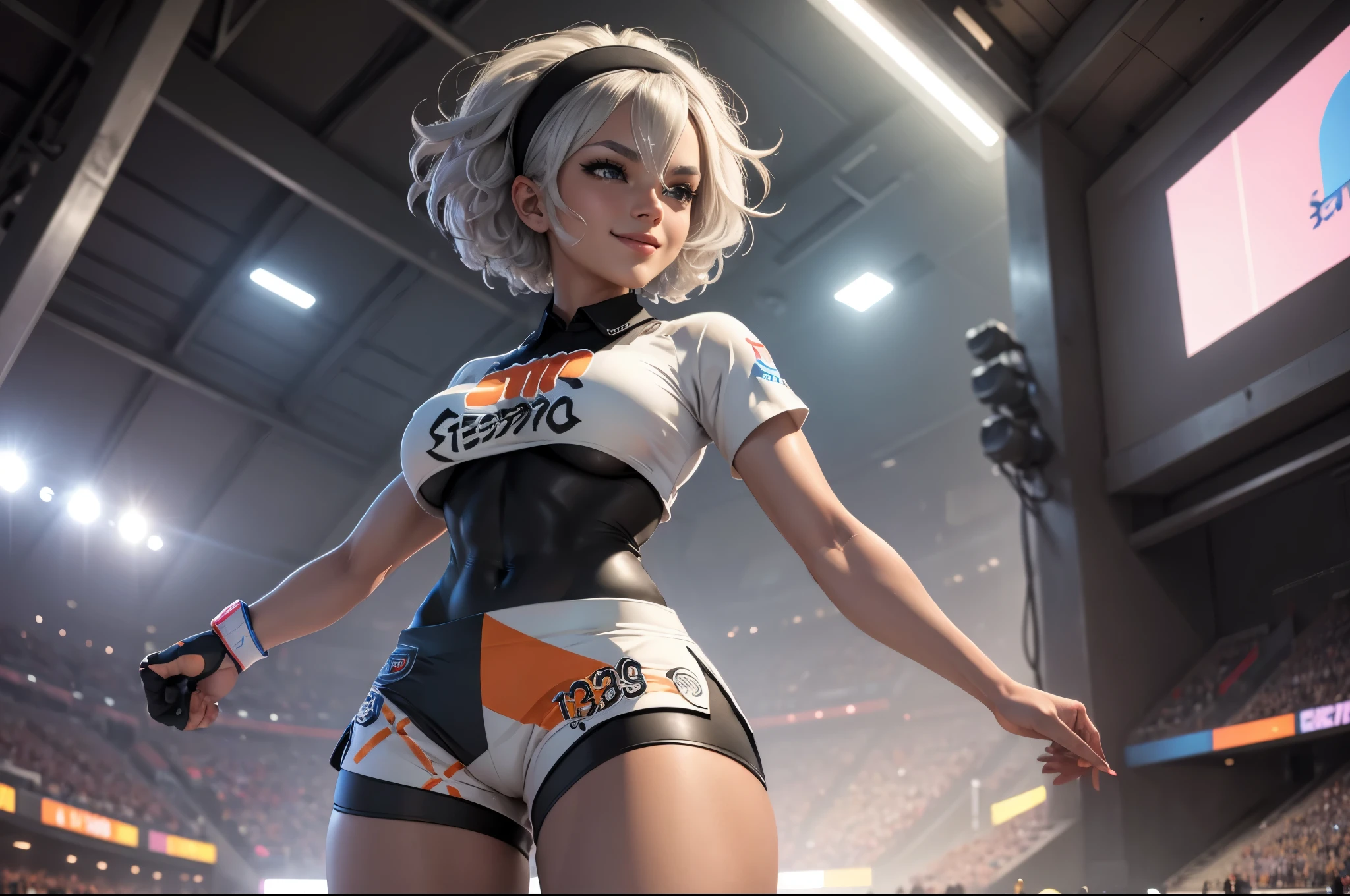 Bea da pokemon,(best qualityer,4K,8k,high resolution,work of art:1.2)(weather: windy), 1girl, sport stadium background, short curly hair, gray hair, cropped shirt, micro shorts, thigh high stockings, headband, gloves, leotard, ultra detailed,realistic,beautiful detailed gray eyes, beautiful detailed lips,extremely detailed eye and face, long eyelashes,average,large breasts,flying hair,beaming smile, sexy smile,powerful girl, sexy stance, bright coloured, dramatic lighting,