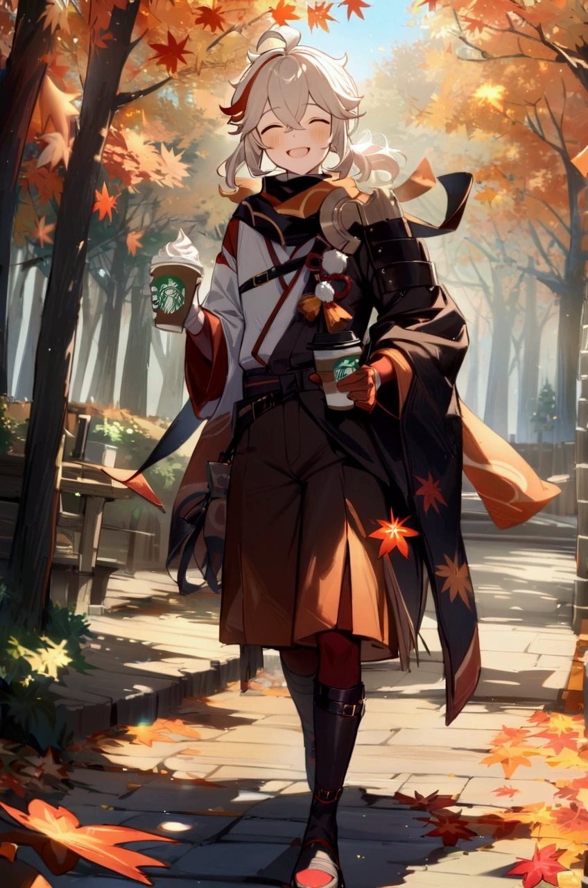 full body, kaedehara kazuha holding a Starbucks coffee cup with whipped cream, holding pumpkin spice latte, wearing a winter scarf and hat, smiling, happy, add jack o lantern pumpkins in the background, high quality, masterpiece,autumn leaves, autumn forest, fall forest, beautiful,best quality,1boy, solo, male focus