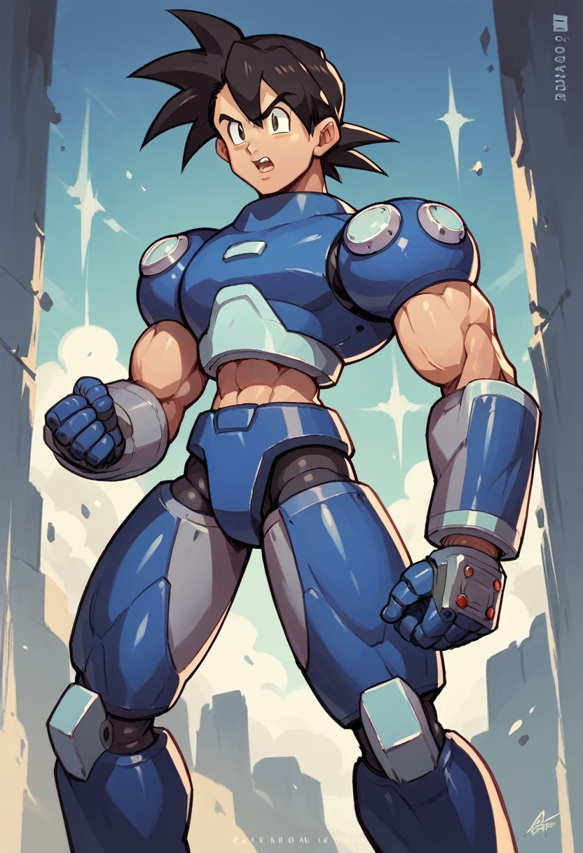 Highest quality,RAW Photos,Professional Art Works,Guts pose,m3g4m4n,Blue Armor,Muscular,The face is Goku,cyborg