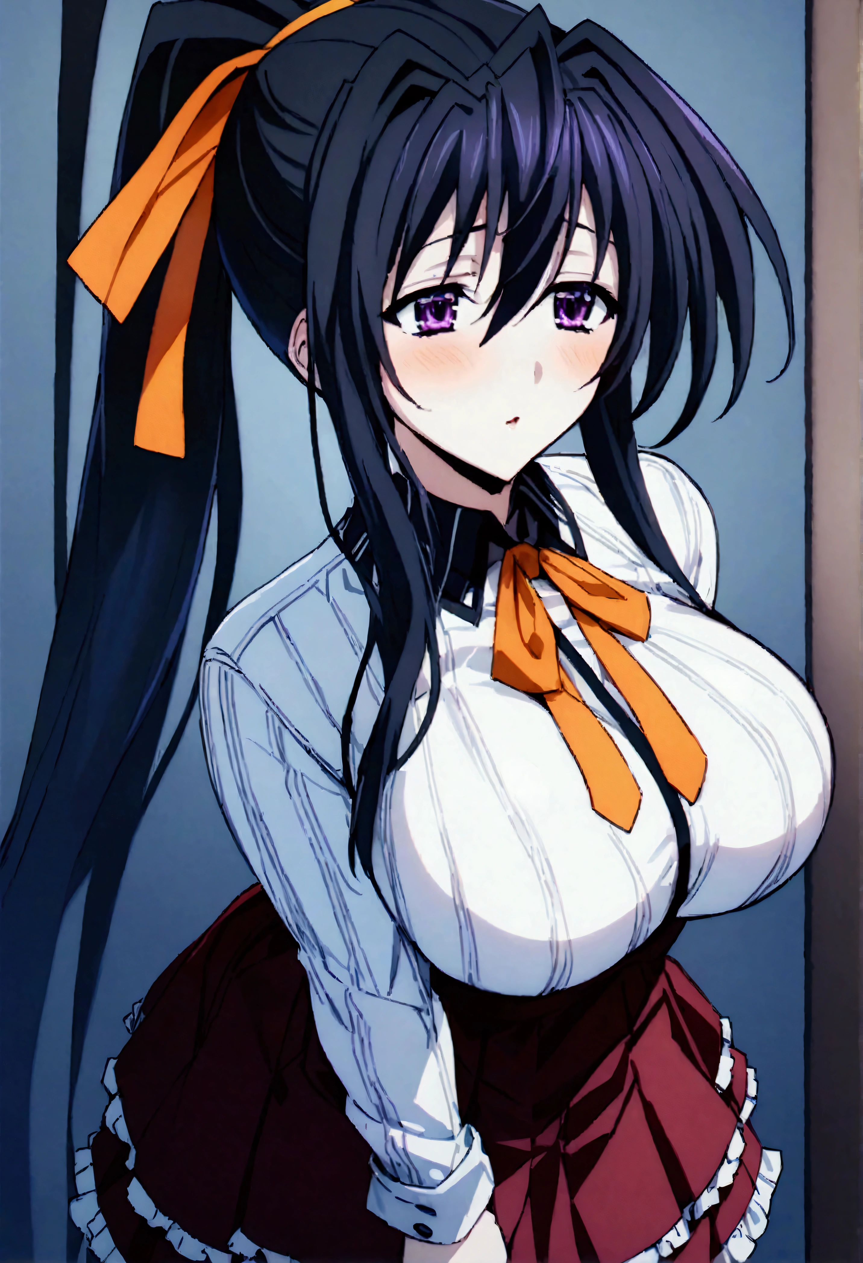 Browsing Caution,masterpiece,Highest quality,High resolution,Very detailed,Himejima Akeno\(High School DXD\),Black Hair、Purple eyes、Long Hair、ponytail、Hair Ribbon,Large Breasts,Collared shirt、Long sleeve、Black Ribbon、Neck ribbon、Vertical striped shirt、Black corset、Dark Red Skirt、Pleated skirt、Frilled Skirt