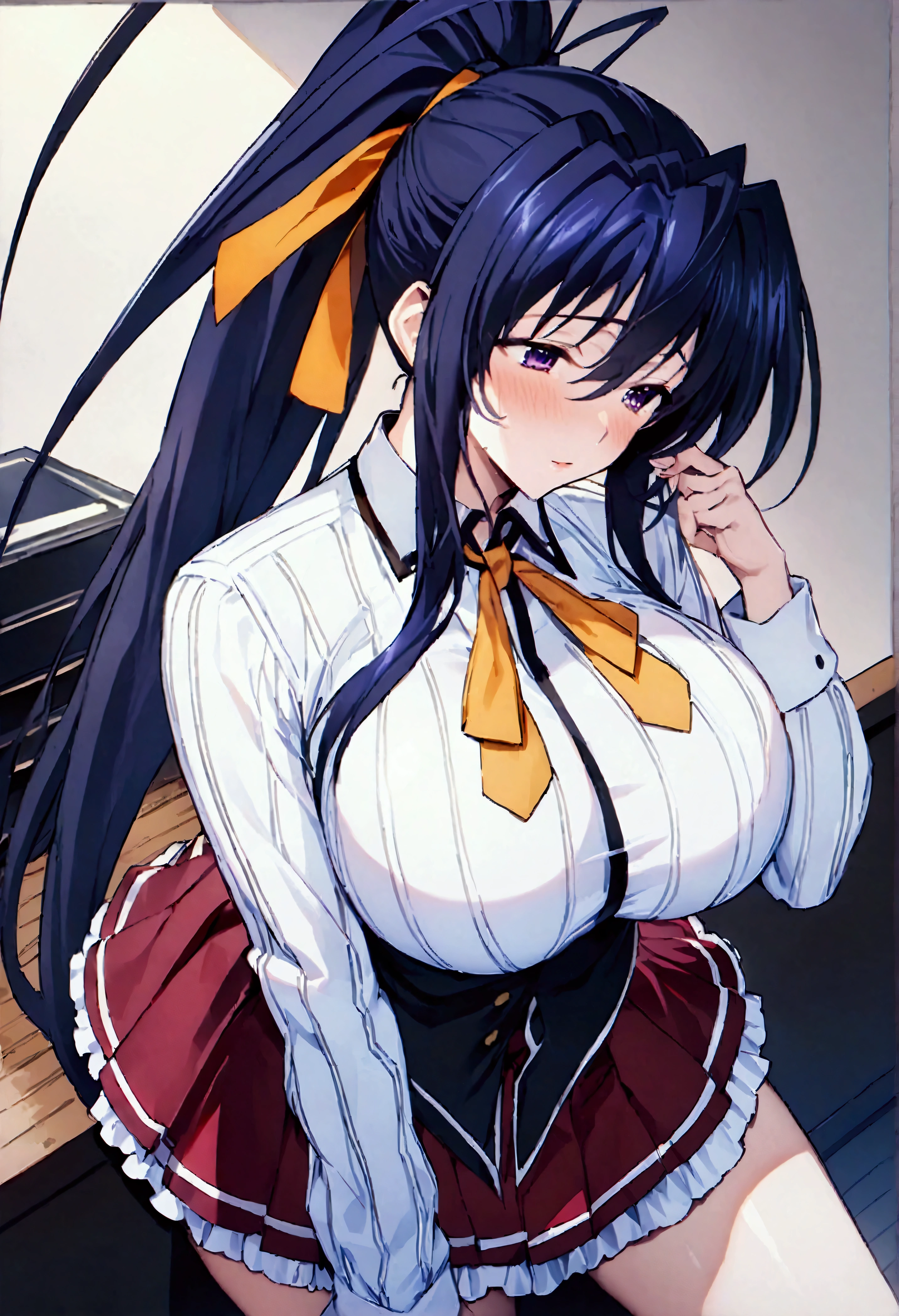 Browsing Caution,masterpiece,Highest quality,High resolution,Very detailed,Himejima Akeno\(High School DXD\),Black Hair、Purple eyes、Long Hair、ponytail、Hair Ribbon,Large Breasts,Collared shirt、Long sleeve、Black Ribbon、Neck ribbon、Vertical striped shirt、Black corset、Dark Red Skirt、Pleated skirt、Frilled Skirt