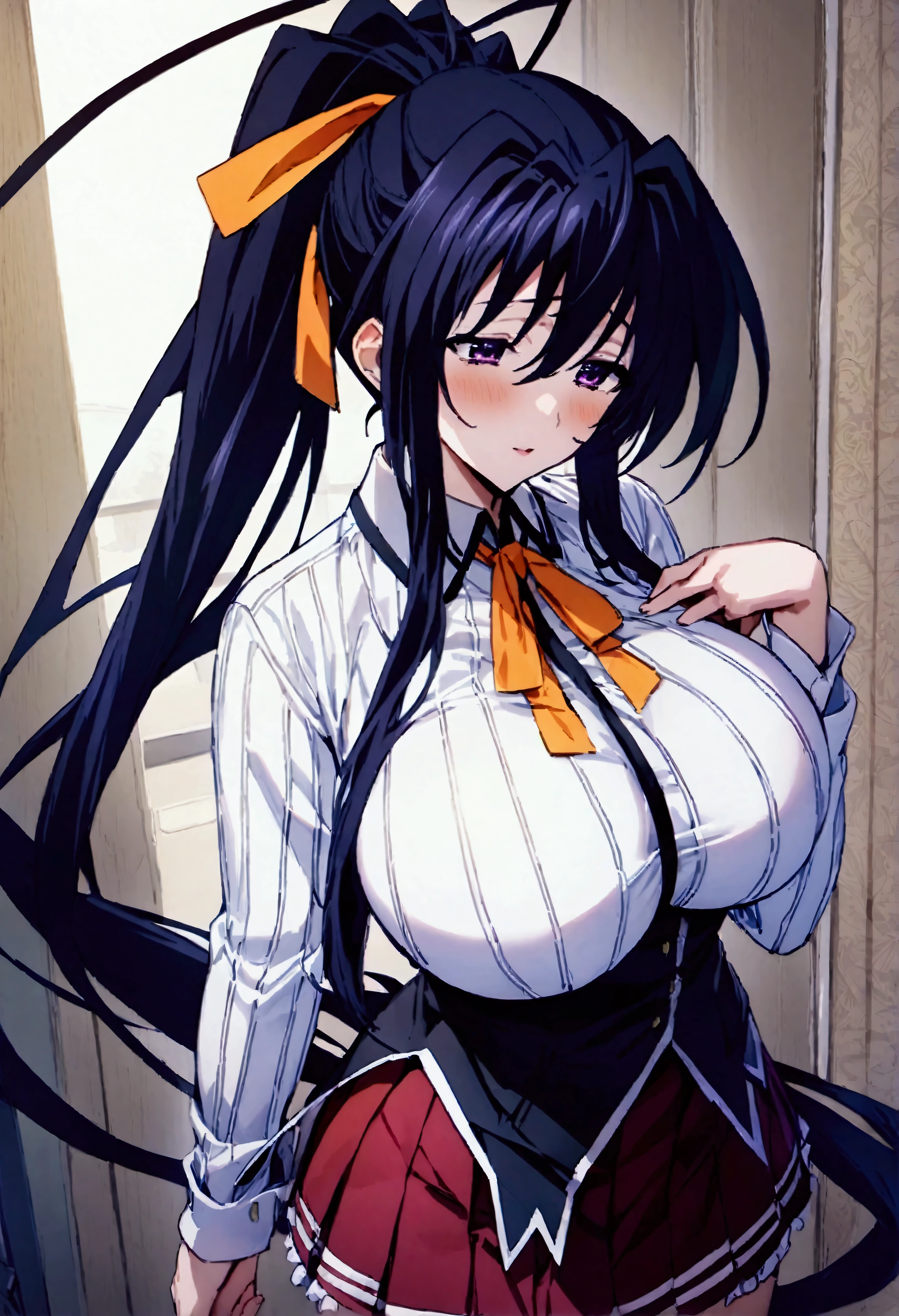 Browsing Caution,masterpiece,Highest quality,High resolution,Very detailed,Himejima Akeno\(High School DXD\),Black Hair、Purple eyes、Long Hair、ponytail、Hair Ribbon,Large Breasts,Collared shirt、Long sleeve、Black Ribbon、Neck ribbon、Vertical striped shirt、Black corset、Dark Red Skirt、Pleated skirt、Frilled Skirt