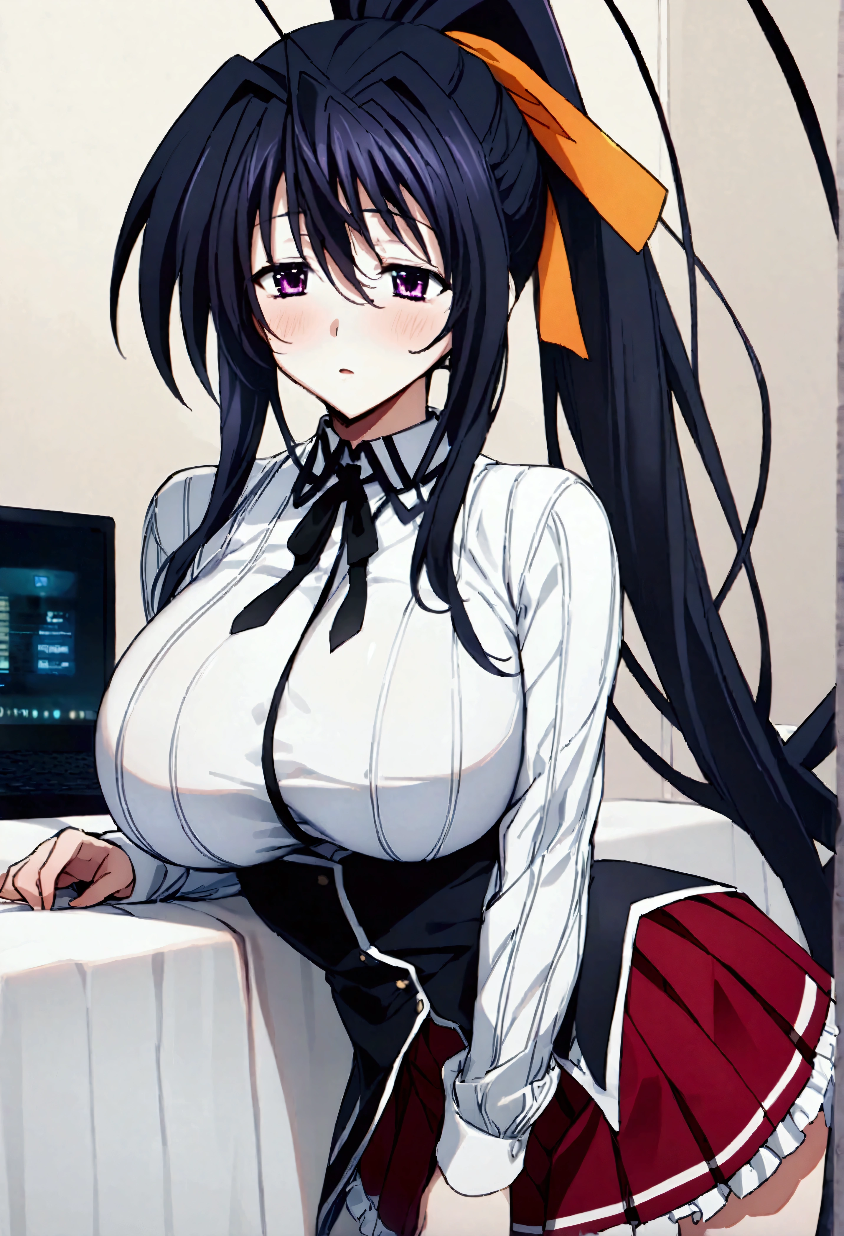 Browsing Caution,masterpiece,Highest quality,High resolution,Very detailed,Himejima Akeno\(High School DXD\),Black Hair、Purple eyes、Long Hair、ponytail、Hair Ribbon,Large Breasts,Collared shirt、Long sleeve、Black Ribbon、Neck ribbon、Vertical striped shirt、Black corset、Dark Red Skirt、Pleated skirt、Frilled Skirt