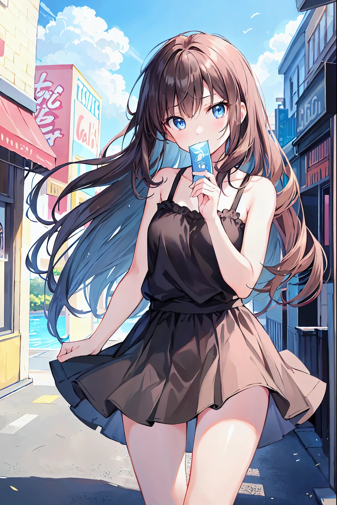 Brown Hair，Shortcuts，Messy Hair，Slender beauty，Hall々A positive attitude，Small box，Beautiful legs，Her enchanting grey-blue eyes shine like stars，（Cute older sister:1.3）、Long eyelashes、smile,early summer vibes、noon、Aggressive、hot、((Strong winds))、Black camisole，Black Skirt、Her captivating grey-blue eyes shine like stars、Light blue Y-shirt、Cafe，Anime girl standing in front of a store