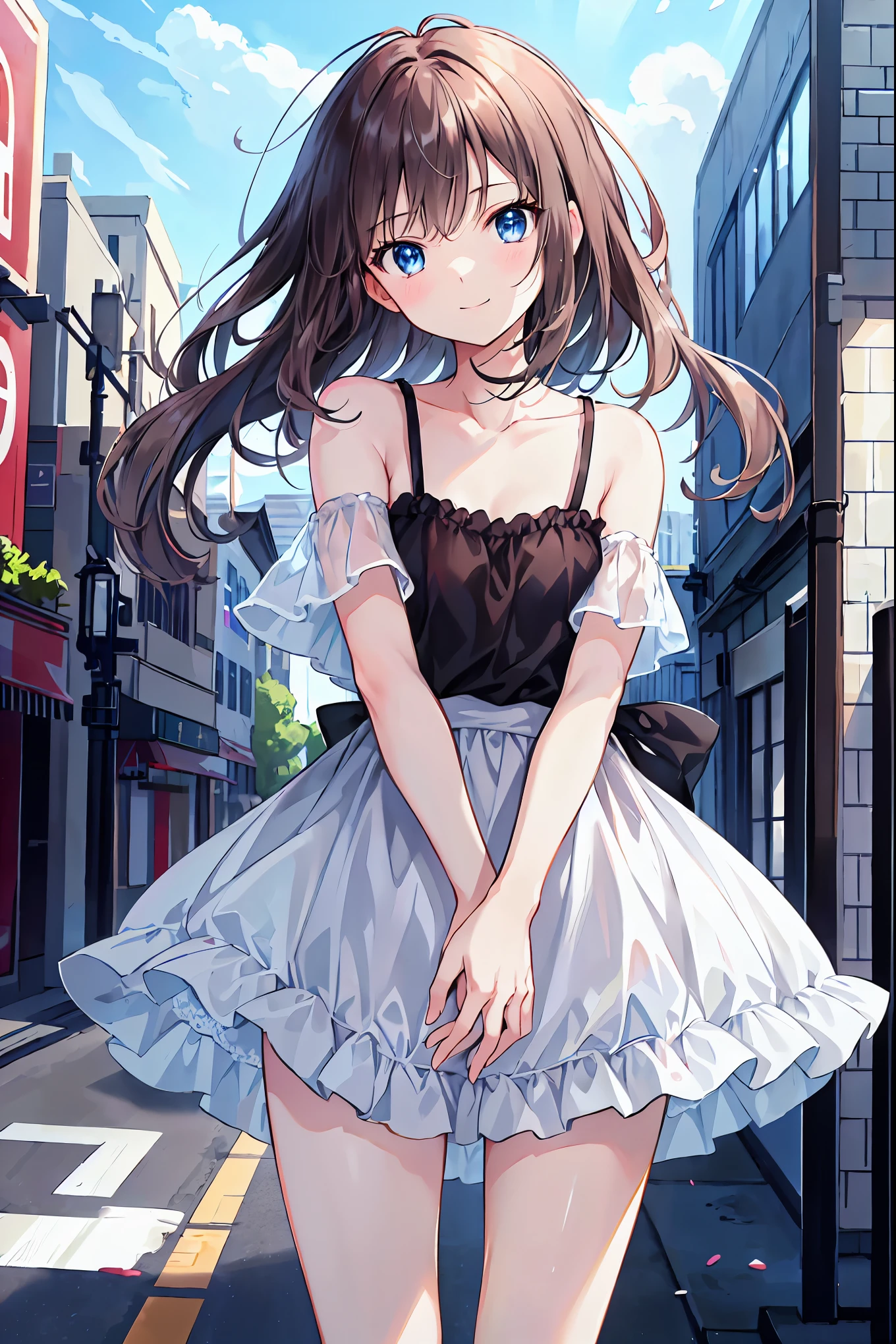 Brown Hair，Shortcuts，Messy Hair，Slender beauty，Hall々A positive attitude，Small box，Beautiful legs，Her enchanting grey-blue eyes shine like stars，（Cute older sister:1.3）、Long eyelashes、smile,early summer vibes、noon、Aggressive、hot、((Strong winds))、Black camisole，Black Skirt、Her captivating grey-blue eyes shine like stars、Light blue Y-shirt、Cafe，Anime girl standing in front of a store