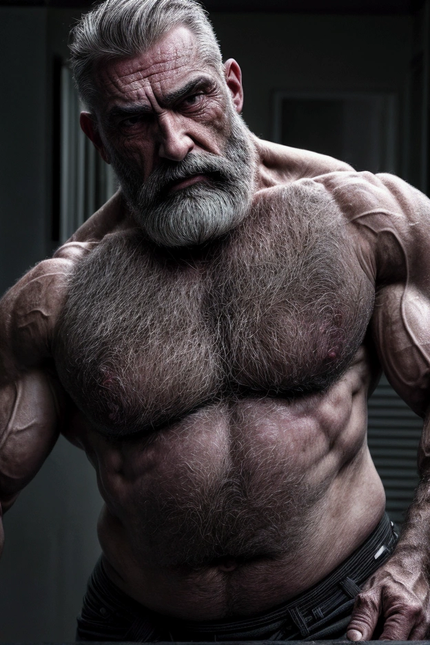 (masterpiece, best quality:1.2), 1 muscular older man, detailed face with dark eyes, grey hair and beard, hairy pectorals, big muscles, intense expression, cinematic lighting, dramatic chiaroscuro, realistic, dark and moody atmosphere, gritty and grungy, dramatic lighting and shadows