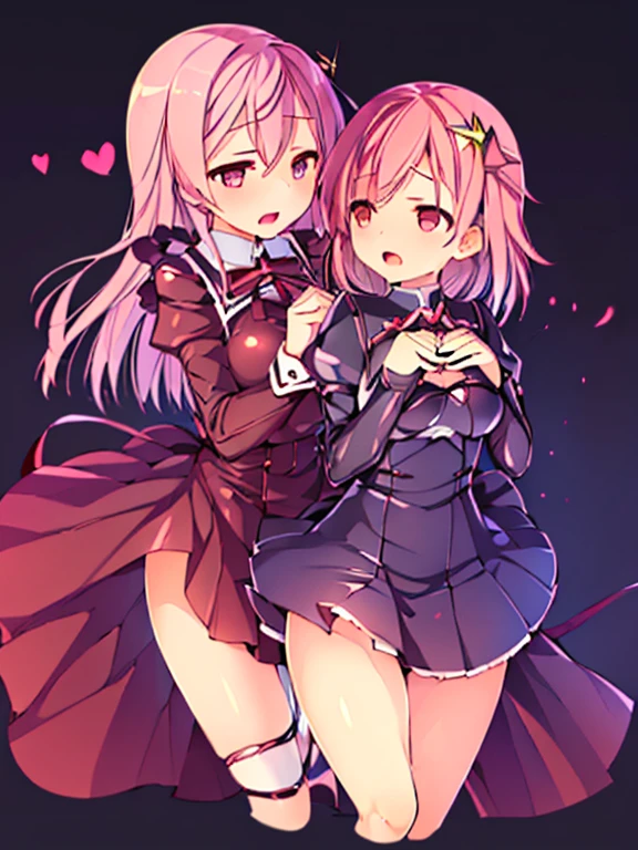 ((2girl),(yuri),(Stare deeply into each other's eyes)), (illustration), (masterpiece,best quality,high-resolution,detailed fingers,detailed hands,detailed eyes,detailed legs:1.5), (Anatomically correct number of limbs),  (long hair,short hair,pink and red hair), (big breasts),((clothed))), ((orgasm), (spoken heart)),((classroom),(twilight sky))