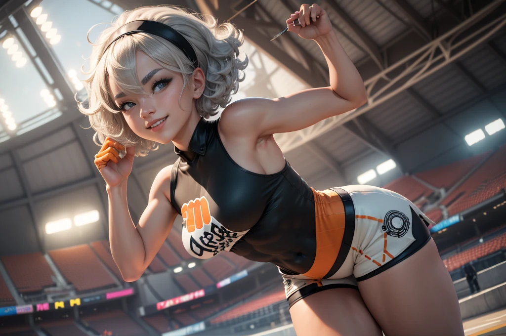 Bea da pokemon,(best qualityer,4K,8k,high resolution,work of art:1.2)(weather: windy), 1girl, solo girl, sport stadium background, short curly hair, gray hair, cropped shirt, micro shorts, thigh high stockings, headband, gloves, leotard, ultra detailed,realistic,beautiful detailed gray eyes, beautiful detailed lips,extremely detailed eye and face, long eyelashes,average,large breasts,flying hair,beaming smile, cute smile,powerful girl, cute pose , bright coloured, dramatic lighting,