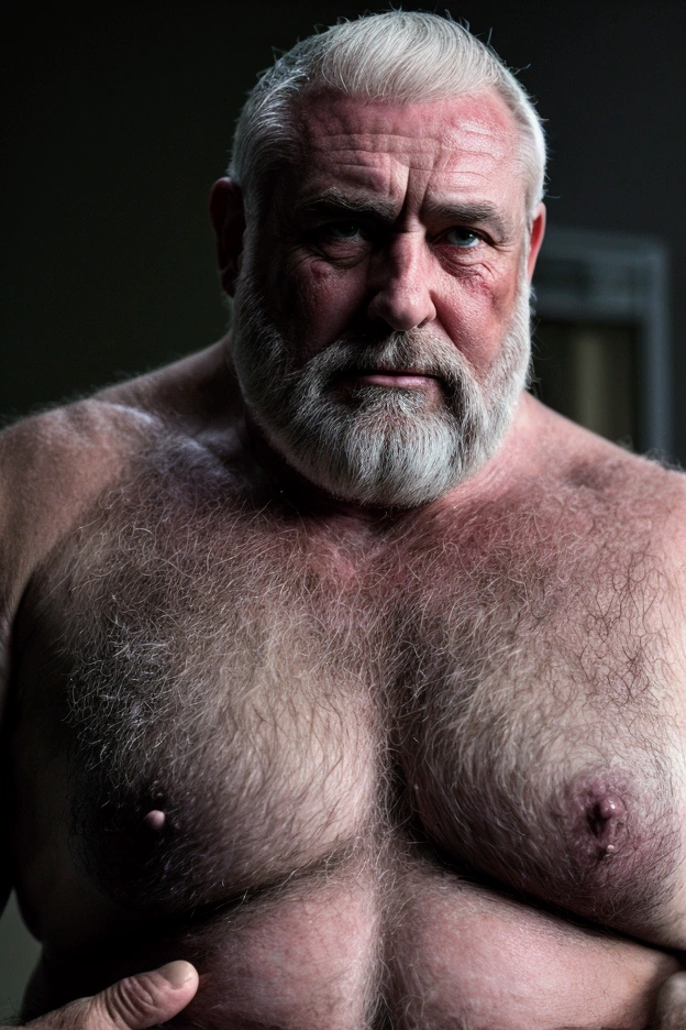 muscular chubby old man, mature silverdad, hairy chest with small erect nipples, fat hairy belly, big cock, nasty erector, full body view, (best quality, 4k, 8k, high, masterpiece: 1.2), ultra detailed, ( realistic, photorealistic, photorealistic: 1.37), detailed face, intricate details, cinematic lighting, dramatic lighting, cinematic angle, cinematic pose, dark shadows, dramatic shadows