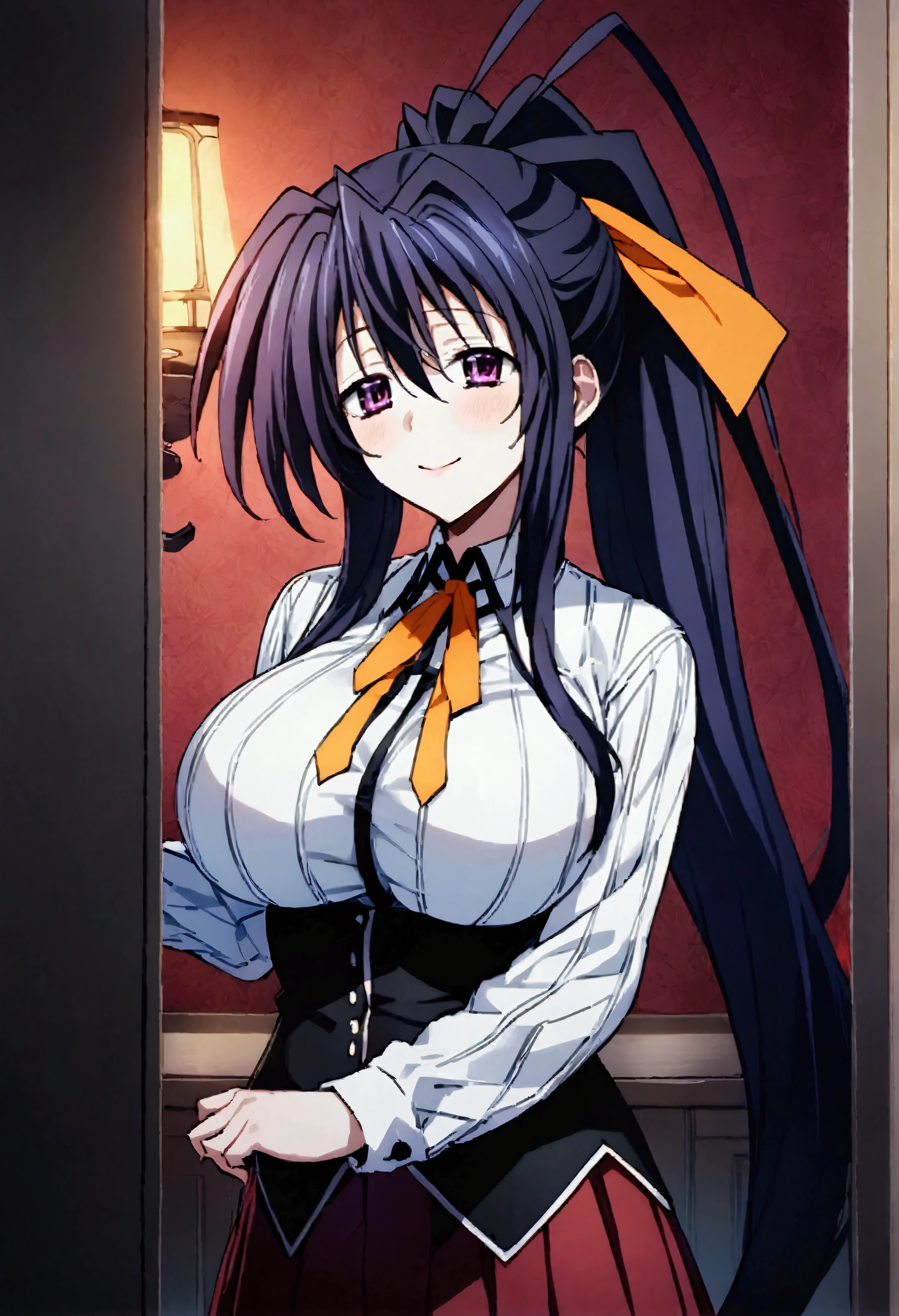 Browsing Caution,masterpiece,Highest quality,High resolution,Very detailed,Himejima Akeno\(High School DXD\),Black Hair、Purple eyes、Long Hair、ponytail、Hair Ribbon,Large Breasts,Collared shirt、Long sleeve、Black Ribbon、Neck ribbon、Vertical striped shirt、Black corset、Dark Red Skirt、Pleated skirt、Frilled Skirt,Bewitching Smile,Dimly lit room