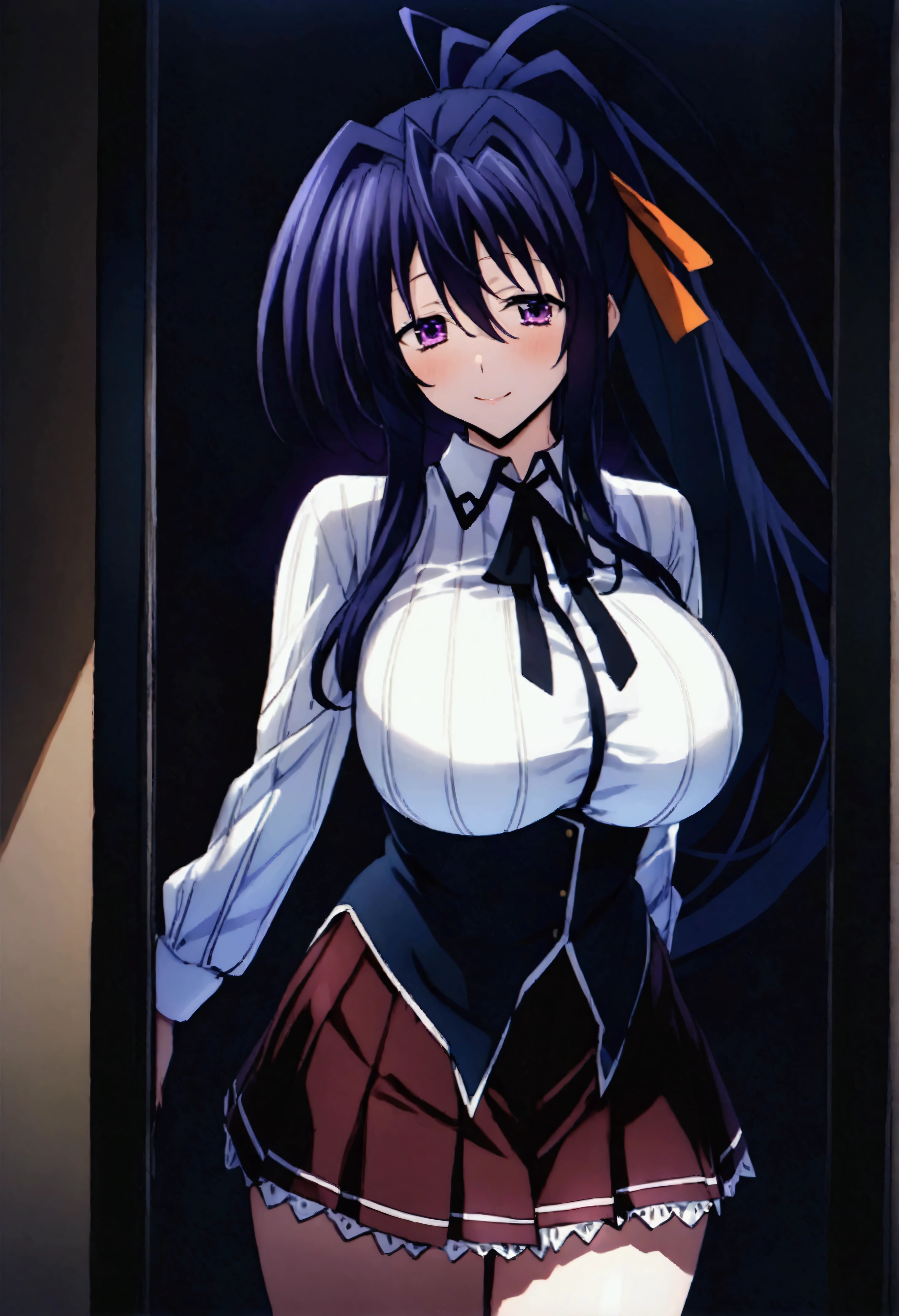 Browsing Caution,masterpiece,Highest quality,High resolution,Very detailed,Himejima Akeno\(High School DXD\),Black Hair、Purple eyes、Long Hair、ponytail、Hair Ribbon,Large Breasts,Collared shirt、Long sleeve、Black Ribbon、Neck ribbon、Vertical striped shirt、Black corset、Dark Red Skirt、Pleated skirt、Frilled Skirt,Bewitching Smile,Dimly lit room