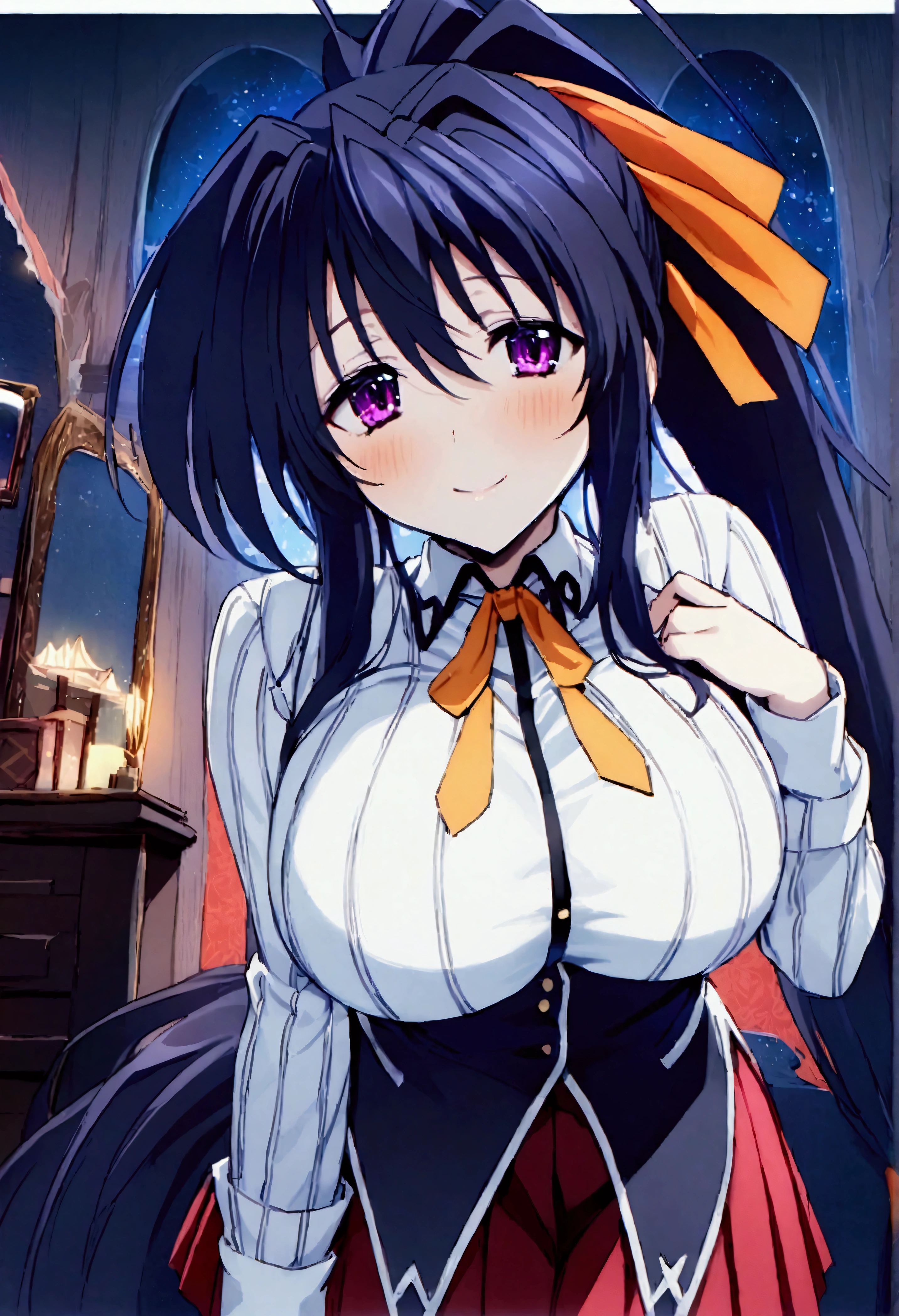 Browsing Caution,masterpiece,Highest quality,High resolution,Very detailed,Himejima Akeno\(High School DXD\),Black Hair、Purple eyes、Long Hair、ponytail、Hair Ribbon,Large Breasts,Collared shirt、Long sleeve、Black Ribbon、Neck ribbon、Vertical striped shirt、Black corset、Dark Red Skirt、Pleated skirt、Frilled Skirt,Bewitching Smile,Dimly lit room