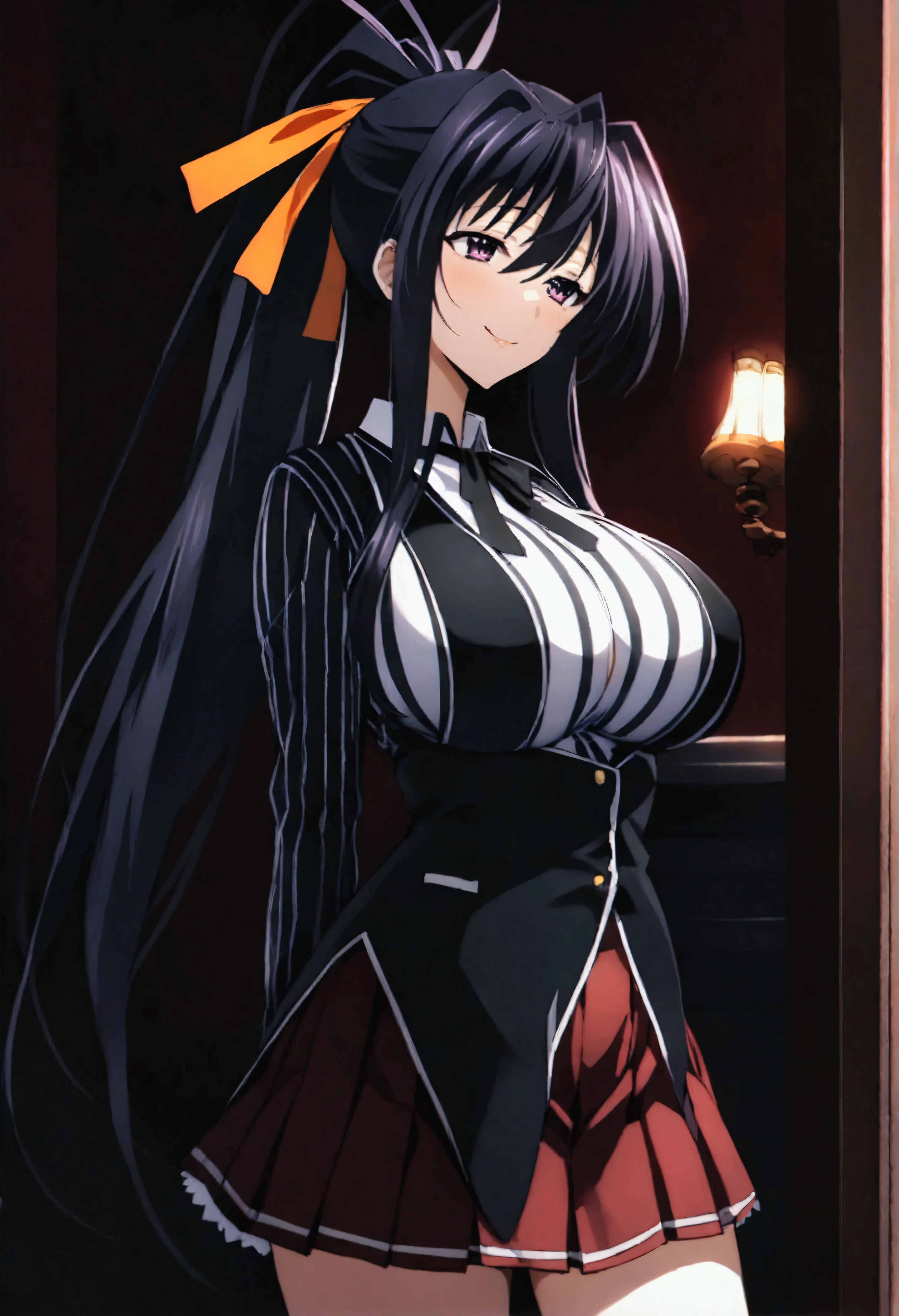 Browsing Caution,masterpiece,Highest quality,High resolution,Very detailed,Himejima Akeno\(High School DXD\),Black Hair、Purple eyes、Long Hair、ponytail、Hair Ribbon,Large Breasts,Collared shirt、Long sleeve、Black Ribbon、Neck ribbon、Vertical striped shirt、Black corset、Dark Red Skirt、Pleated skirt、Frilled Skirt,Bewitching Smile,Dimly lit room