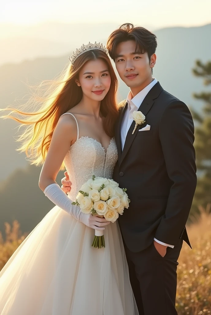 Pre-wedding photo, Indonesian couple, man and woman aged 26 years, wearing white, luxurious wedding dresses, flower garden background. realistic photo, best photography, focus, ultra HD,