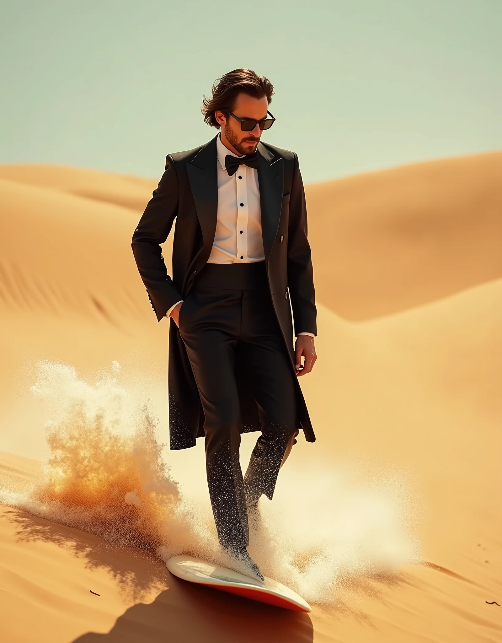 Professional photography, photo of a man wave surfing on the sand of desert, he wearing tuxedo, he is a fashionista, professional posing, light flare, dramatic light