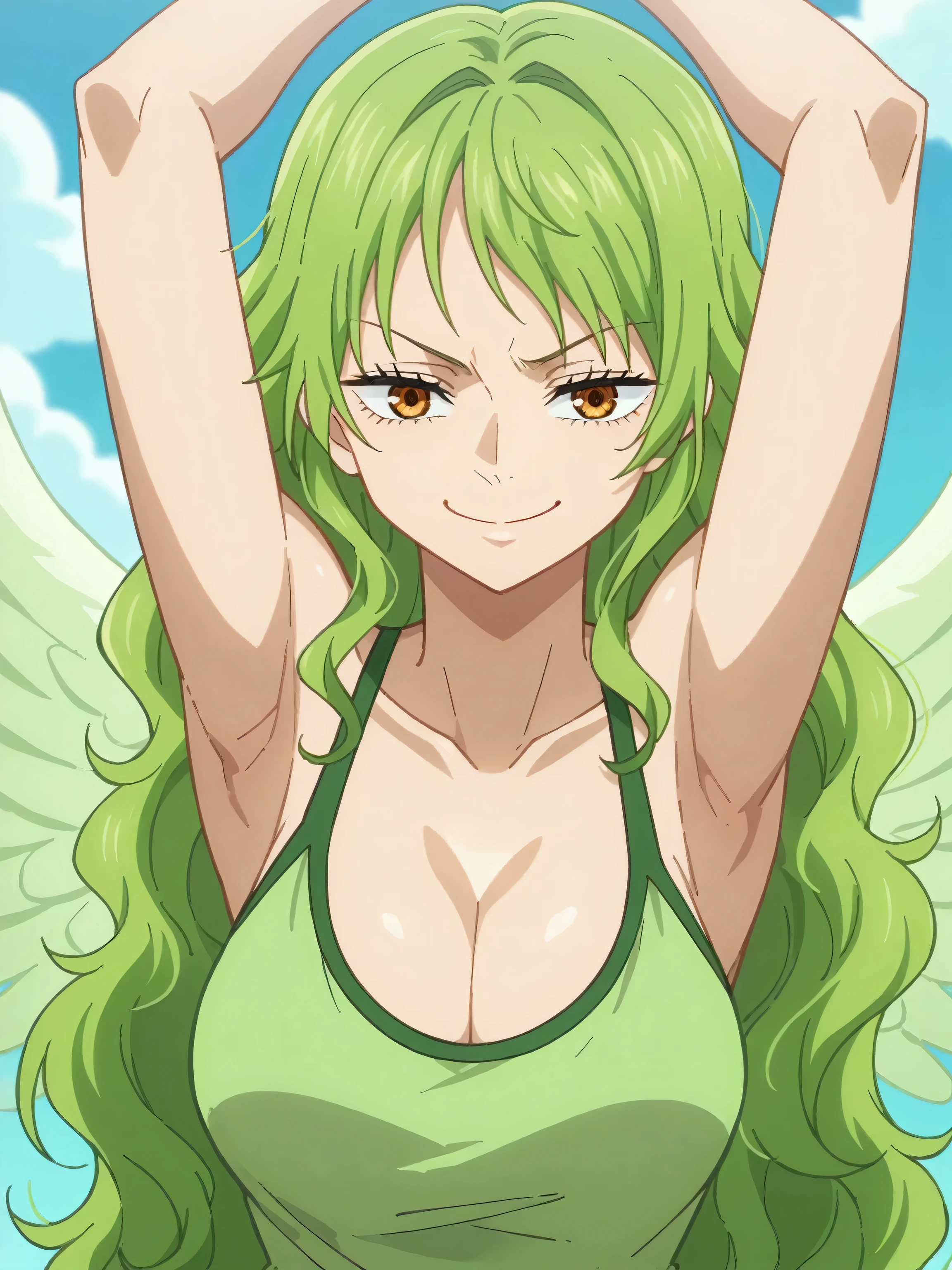 score_9, score_8_up, score_7_up, source_anime, anime screencap, 1girl, solo, outdoors, Monet, green hair, wavy hair, amber eyes, winged arms, green tank top, cleavage, bare shoulders, bare arms, looking at viewer, eye contact with viewer, facing viewer, smile, smug, closed mouth, arms up, raised arms, armpits, jujutsu_kaisen_style, 