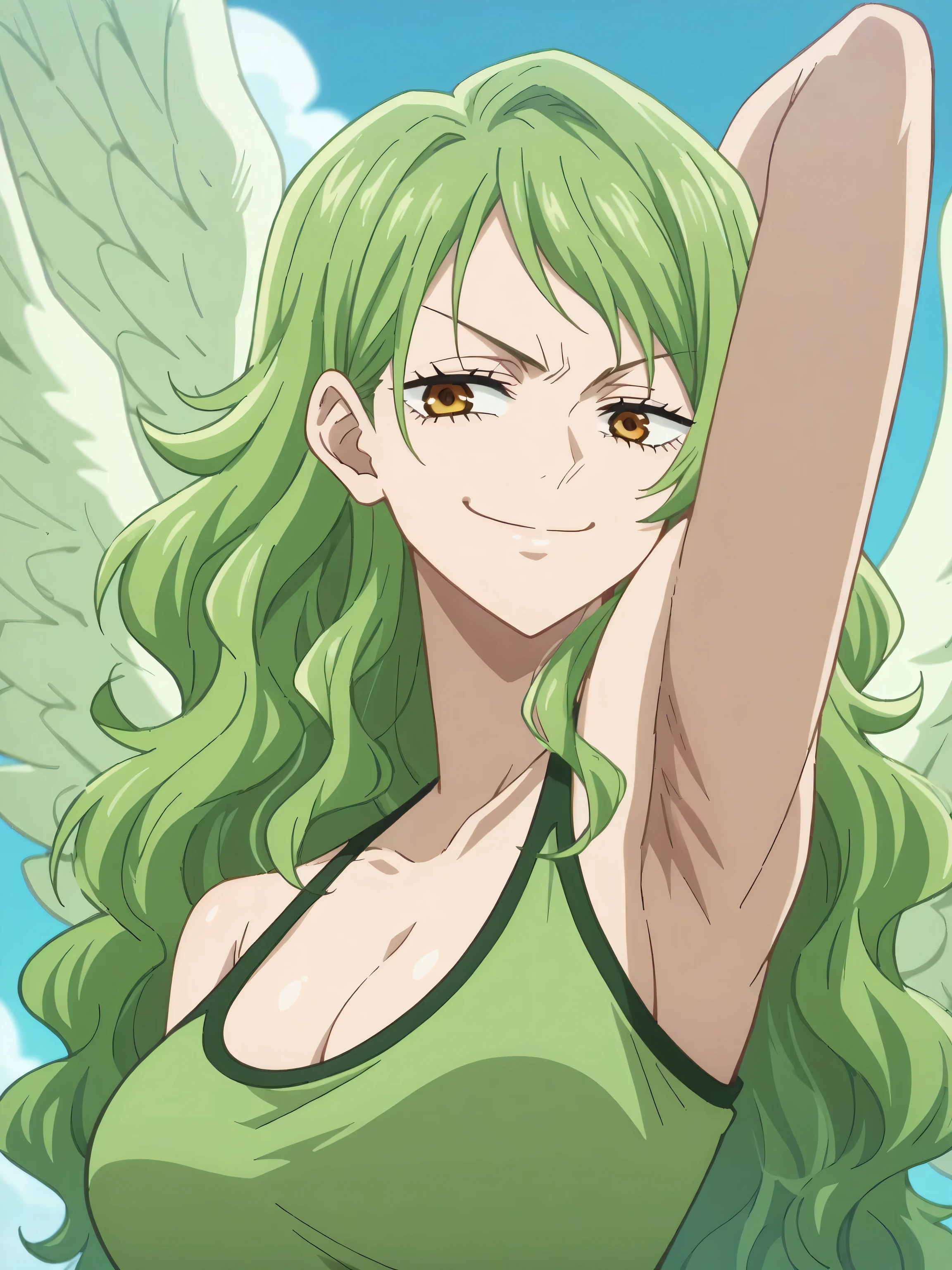 score_9, score_8_up, score_7_up, source_anime, anime screencap, 1girl, solo, outdoors, Monet, green hair, wavy hair, amber eyes, winged arms, green tank top, cleavage, bare shoulders, bare arms, looking at viewer, eye contact with viewer, head towards viewer, smile, smug, closed mouth, arm behind head, armpit, from side, from below, , jujutsu_kaisen_style, 