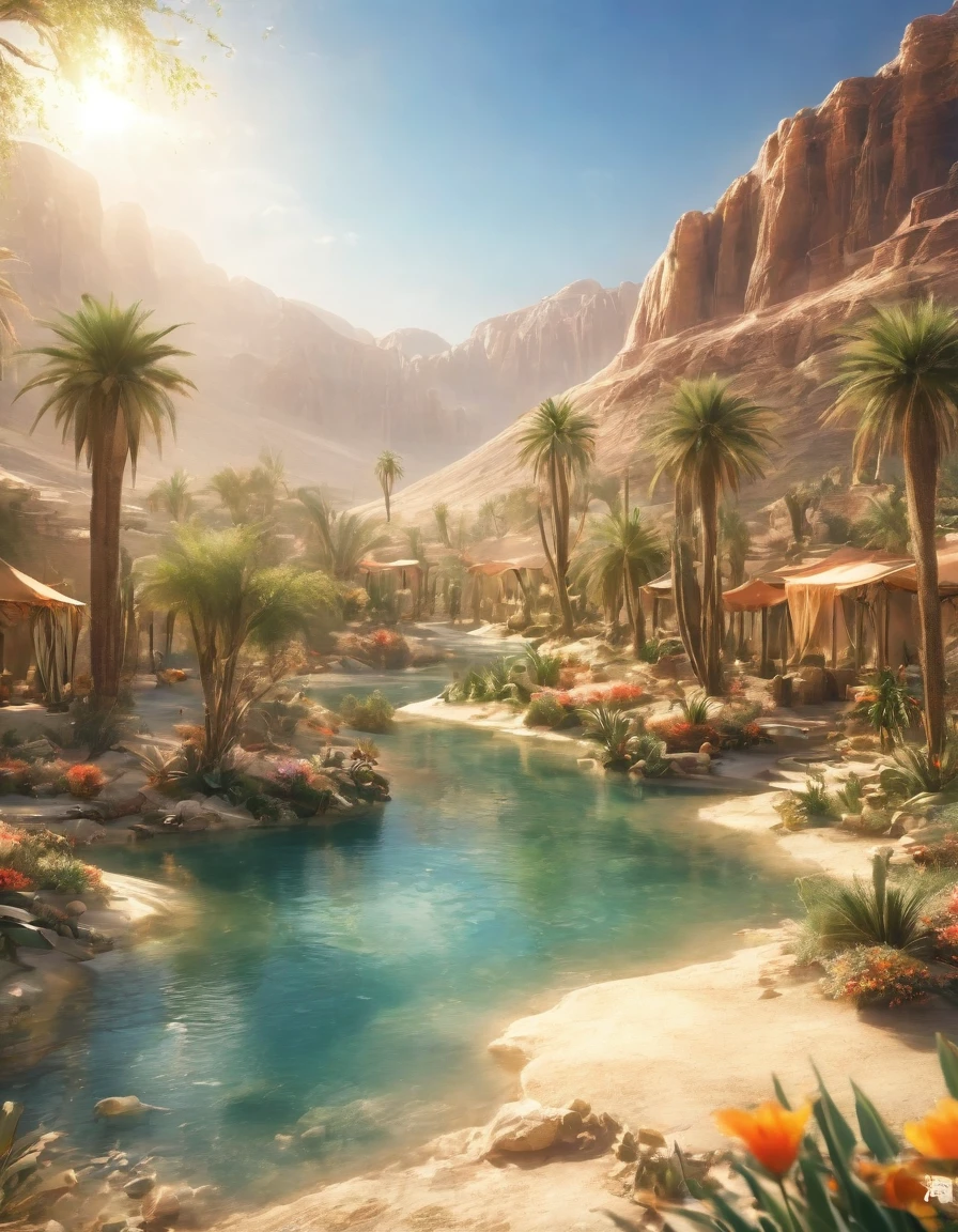 (masterpiece, best quality: 1.2),desert，oasis,，sun,Ultra HD, masterpiece, High Detail, high quality, best quality, high resolution