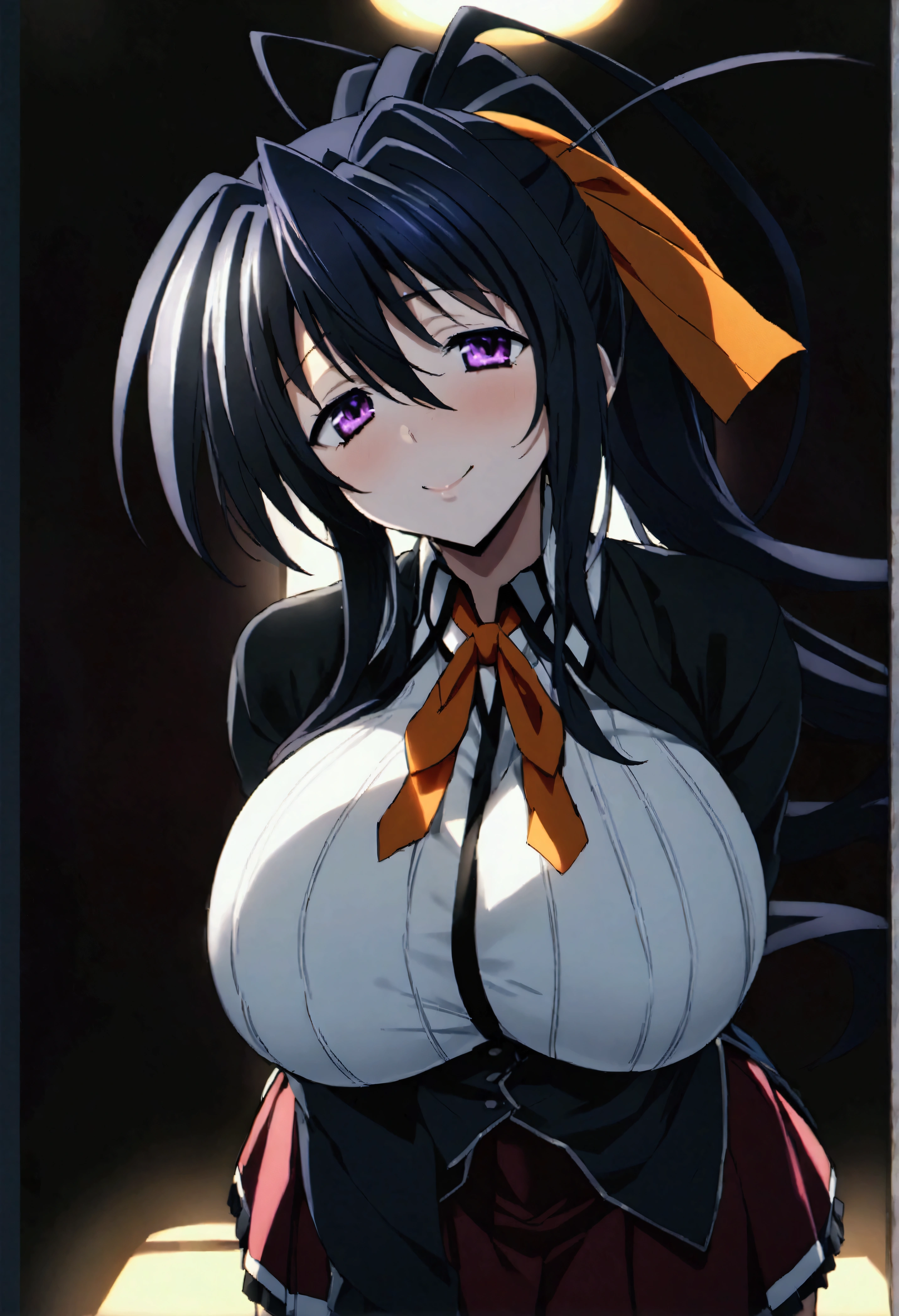 NSFW,masterpiece,Highest quality,High resolution,Very detailed,Himejima Akeno\(High School DXD\),Black Hair、Purple eyes、Long Hair、ponytail、Hair Ribbon,Large Breasts,Collared shirt、Long sleeve、Black Ribbon、Neck ribbon、Vertical striped shirt、Black corset、Dark Red Skirt、Pleated skirt、Frilled Skirt,Bewitching Smile,Dimly lit room