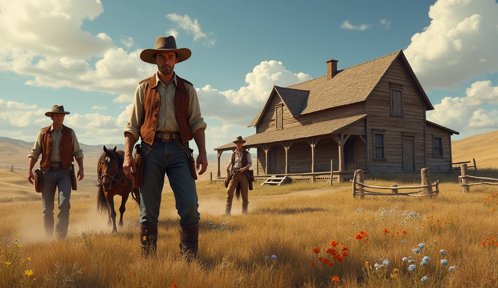 a cowboy in the style of Arthur from Red Dead Redemption 2 alone in the sunset, last Stand, cinematic, no estilo arthur morgan do red dead redemption 2, holding a one-month-old baby in her arms wrapped in white cloth