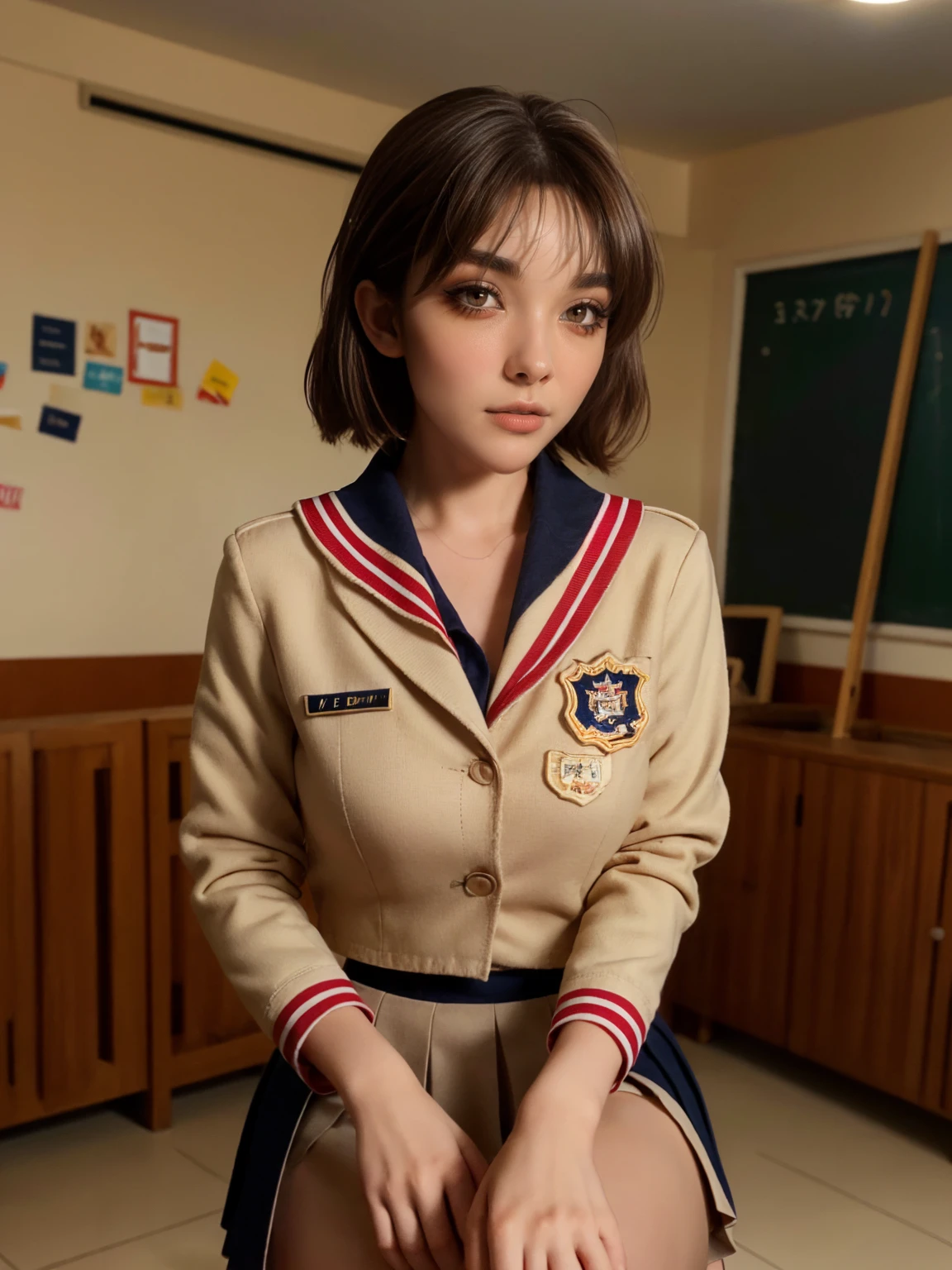 (1 lady), The beautiful, (Best quality at best:1.4), (ultra - detailed), (extremely detailed CG unified 16k), gold blonde hair, very detailed, High-definition RAW color photo, professional photoshooting, amazing face and eyes, cosmetics, (amazingly beautiful girl), ((furukawa nagisa, taller, tall woman, Bethcast)), ((beige school uniform blazer with white sailor collar with red line, navy blue skirt)), cute posture, (school, school hall room, extremely detailed background, a lot of details background, realistic background), realistic cinematic face, head to feet long wide zoomed out view, full body long view, photorealistic, ((realistic natural brown chocolate hair style, brown honey eyes)), gorgeous, extremely beautiful face, perfect model beauty, pout mouth, Highly Detailed Face and Skin Texture, Detailed Eyes, Double Eyelids, Mid sized breasts, Persistent Stare, Faith Trance, (mystical stare, looking eternity), (masterpiece), best quality, high resolution, depth of field, cinematic lighting, amazing legs, clear and well-cared skin