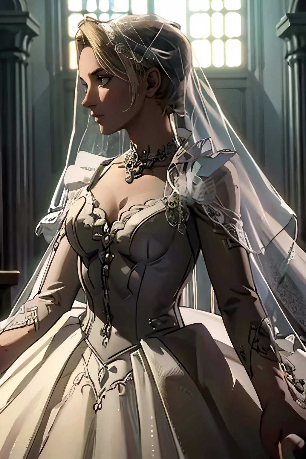 (masterpiece, best quality:1.3)MortalSonyaBlade, 1girl, solo, blonde hair, wearing a wedding dress, bridal veil, inside a church